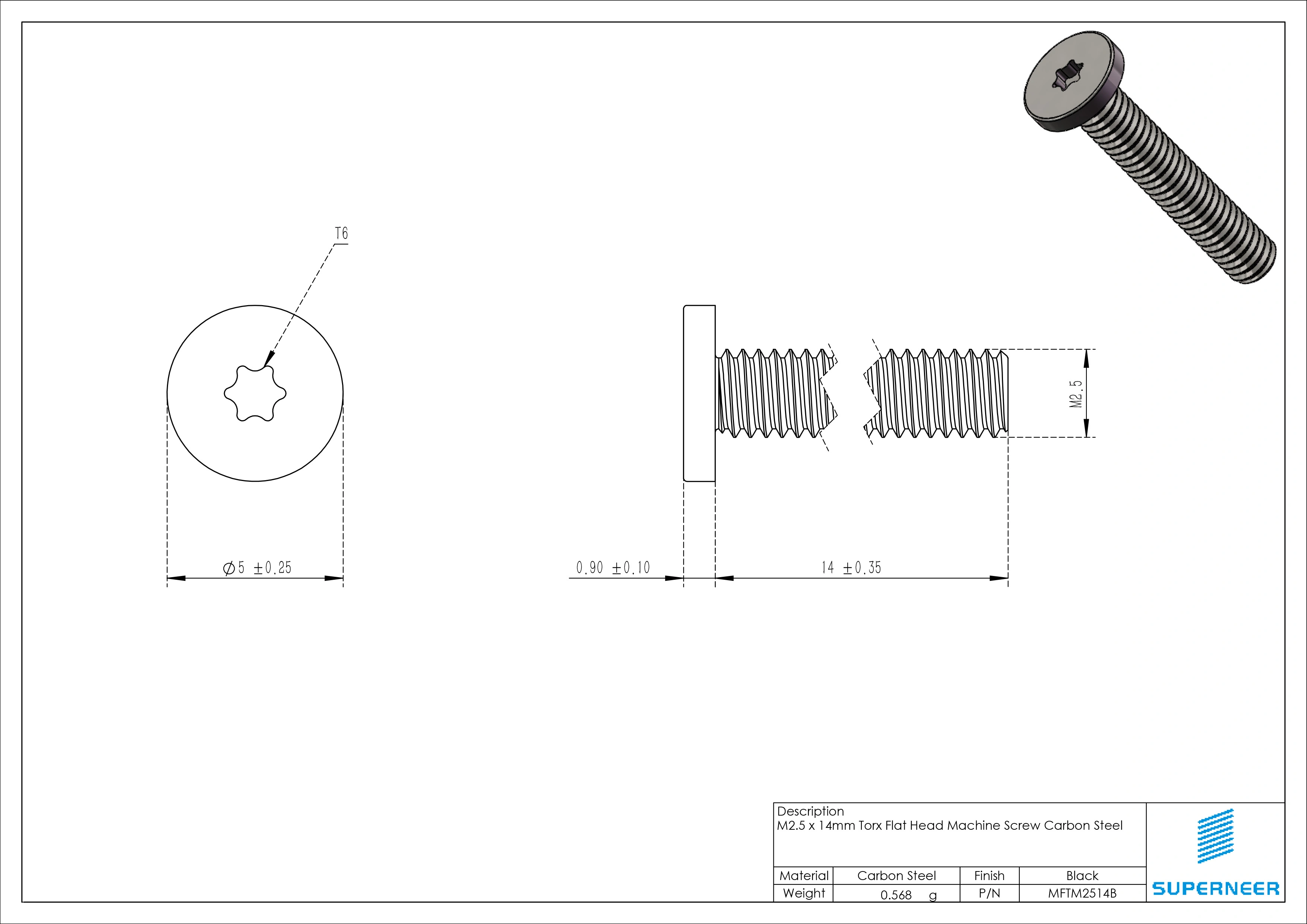 M2.5 x 14mm Torx Flat Head Machine Screw Carbon Steel Black