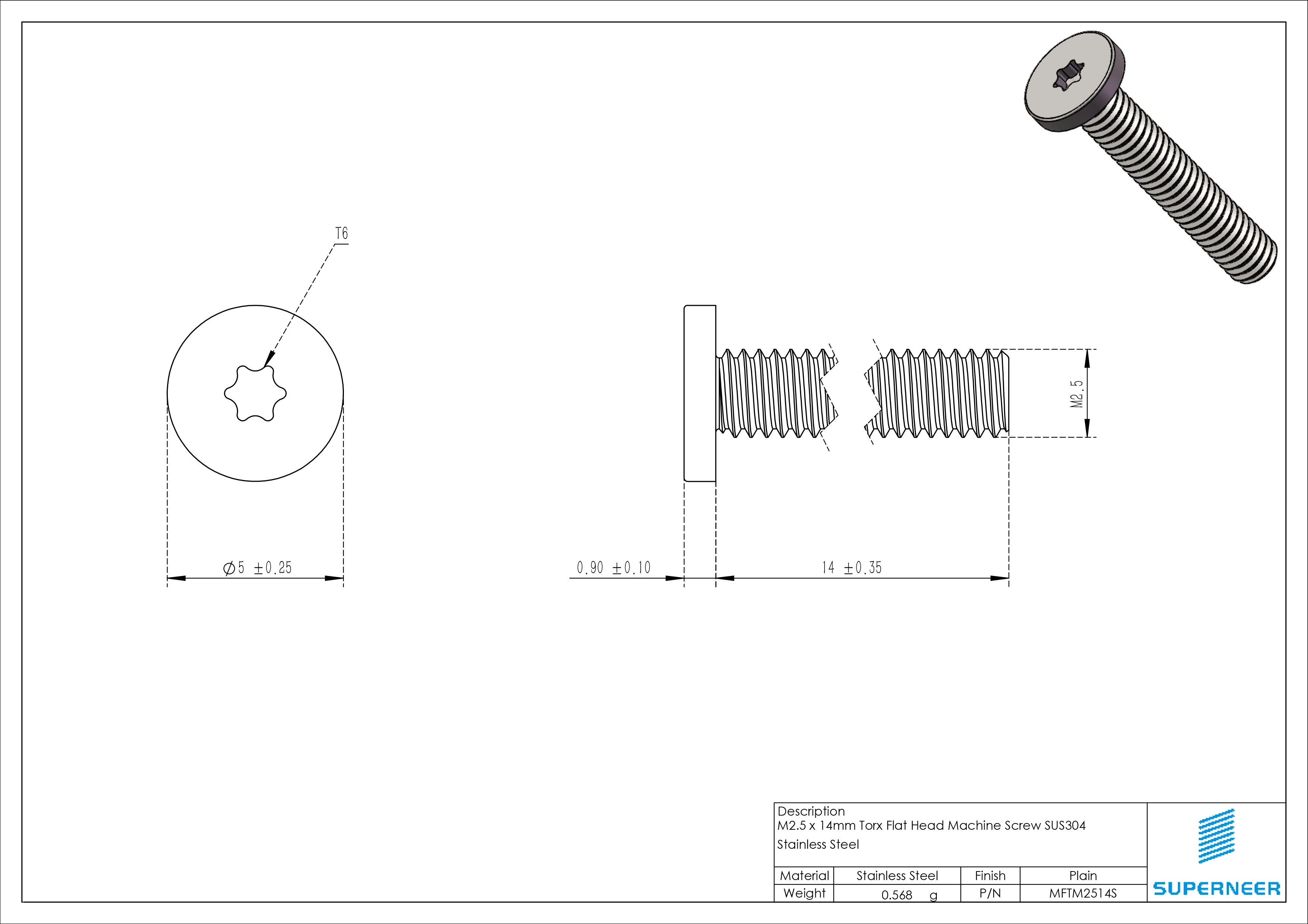 M2.5 x 14mm Torx Flat Head Machine Screw SUS304 Stainless Steel Inox 