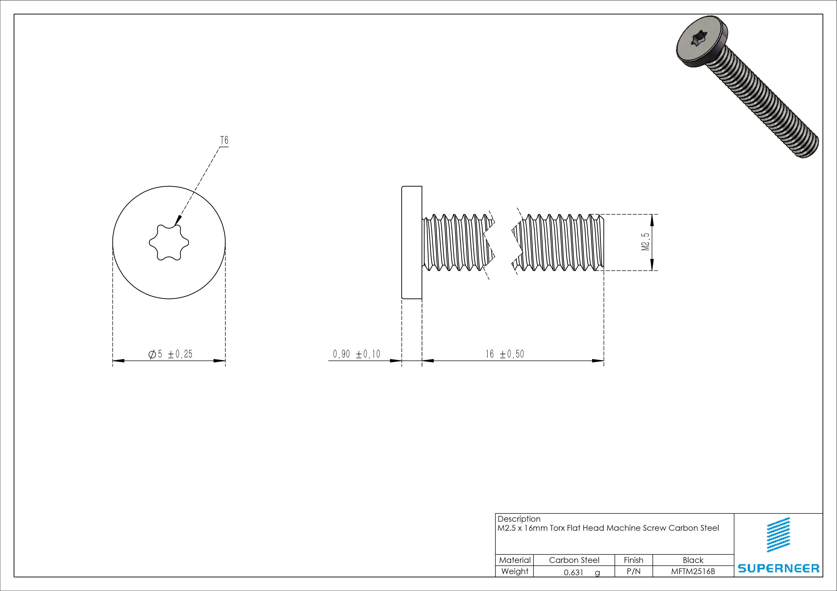 M2.5 x 16mm Torx Flat Head Machine Screw Carbon Steel Black