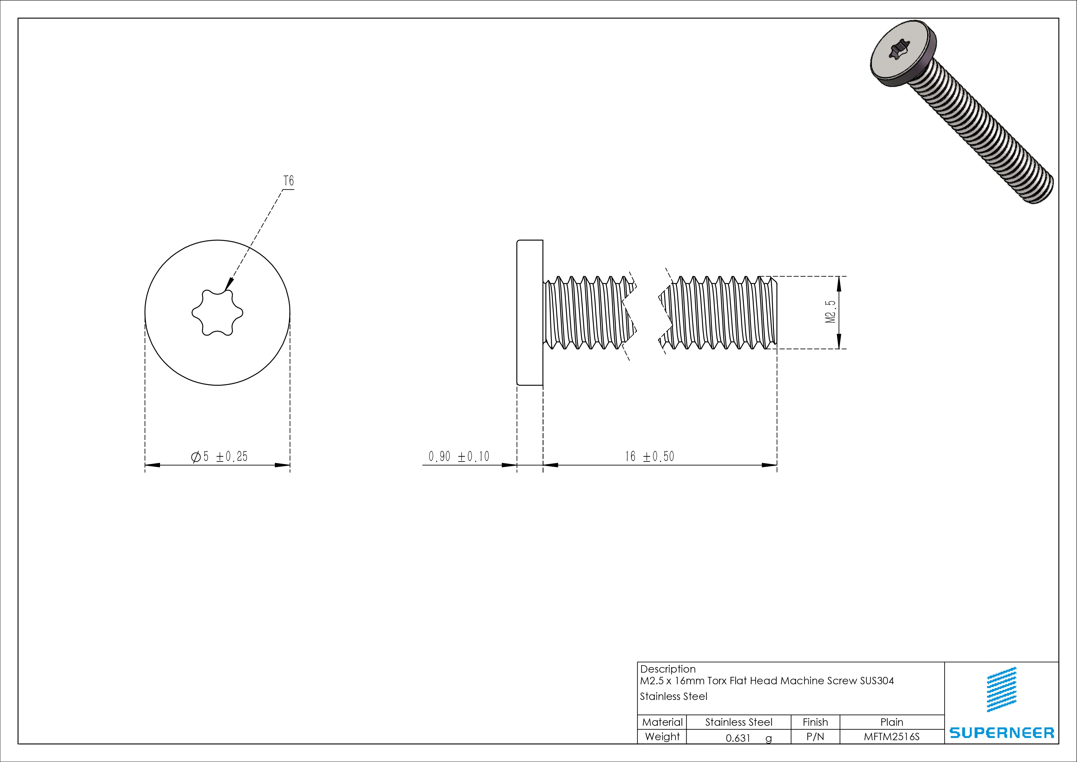 M2.5 x 16mm Torx Flat Head Machine Screw SUS304 Stainless Steel Inox 