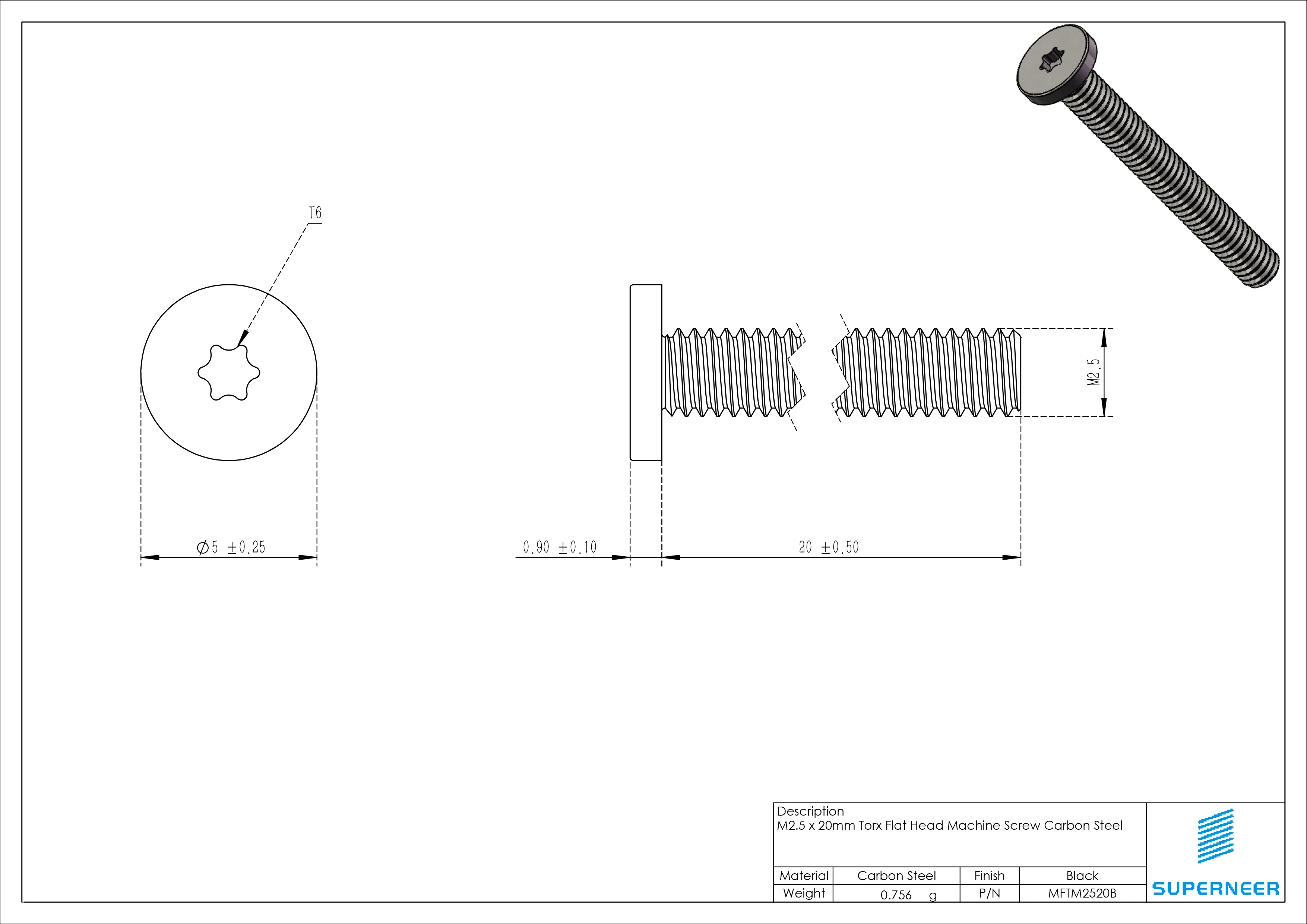 M2.5 x 20mm Torx Flat Head Machine Screw Carbon Steel Black