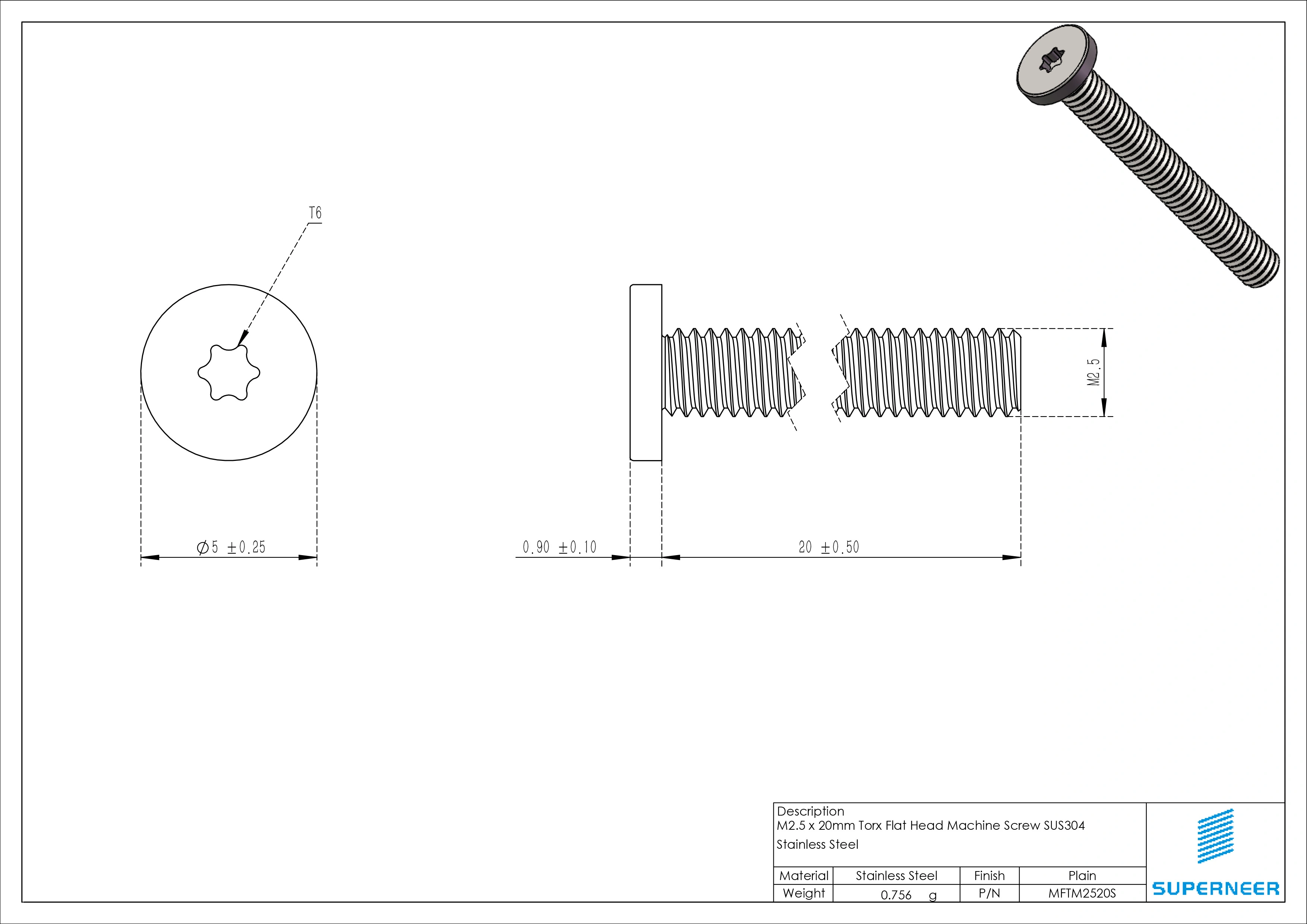 M2.5 x 20mm Torx Flat Head Machine Screw SUS304 Stainless Steel Inox 