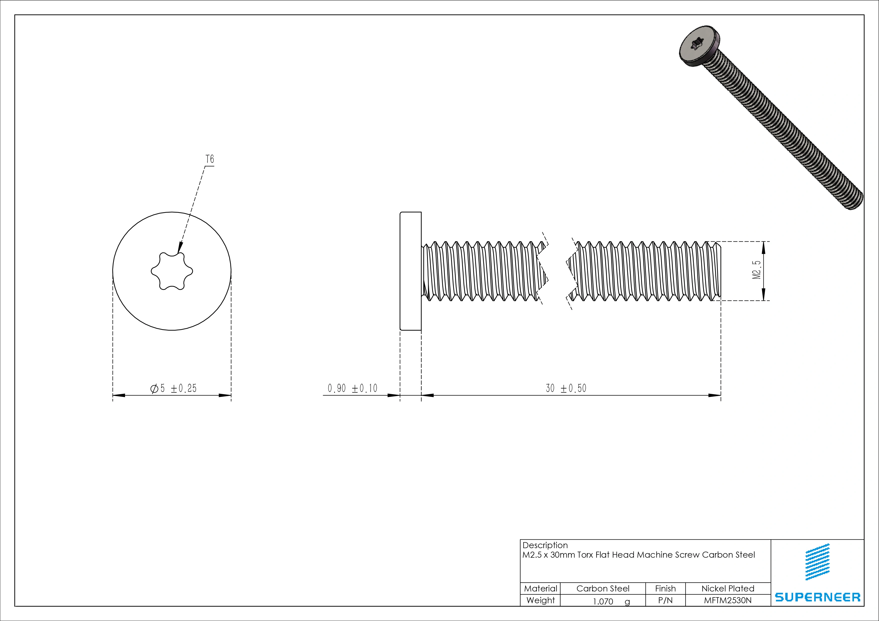 M2.5 x 30mm Torx Flat Head Machine Screw Carbon Steel Nickel Plated