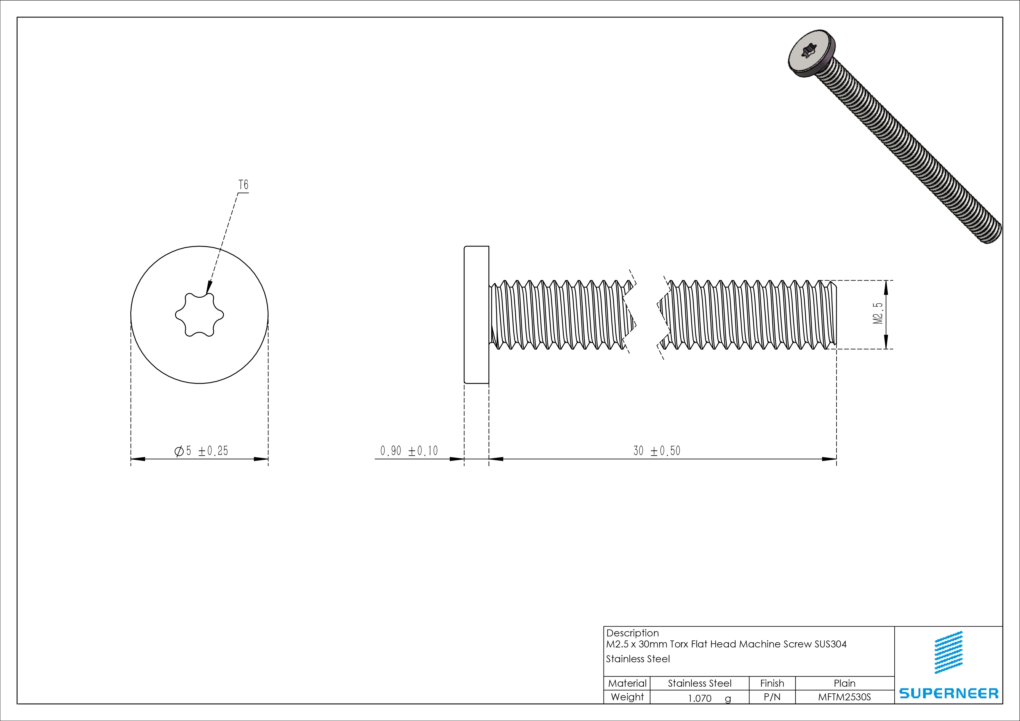 M2.5 x 30mm Torx Flat Head Machine Screw SUS304 Stainless Steel Inox 