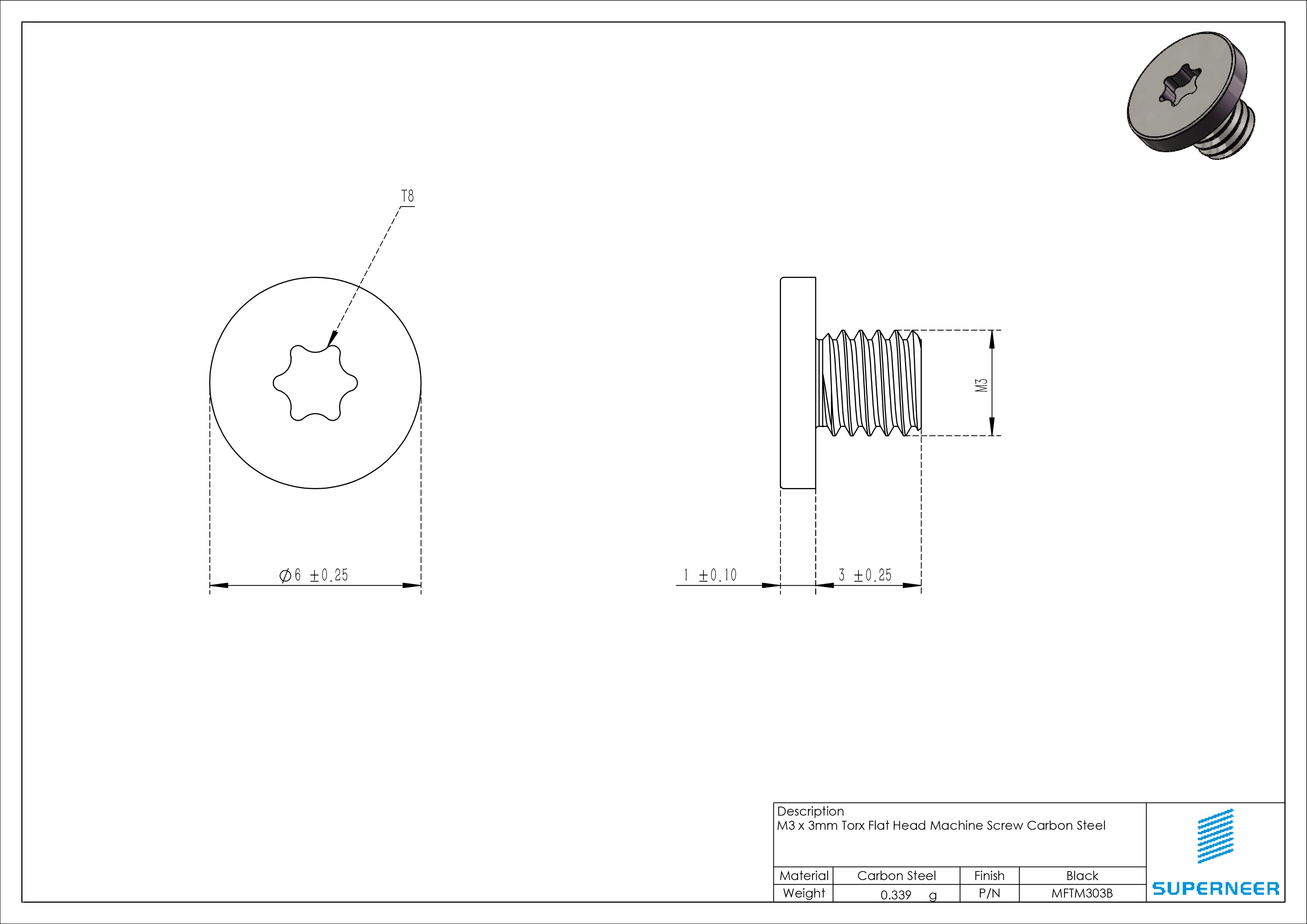M3 x 3mm Torx Flat Head Machine Screw Carbon Steel Black