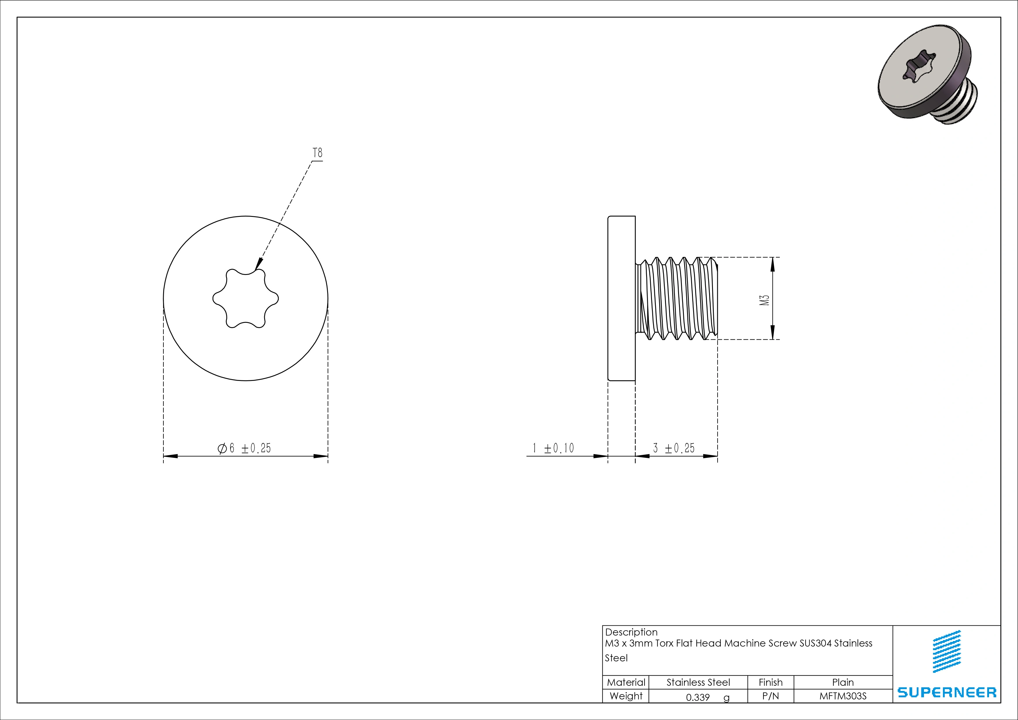 M3 x 3mm Torx Flat Head Machine Screw SUS304 Stainless Steel Inox 