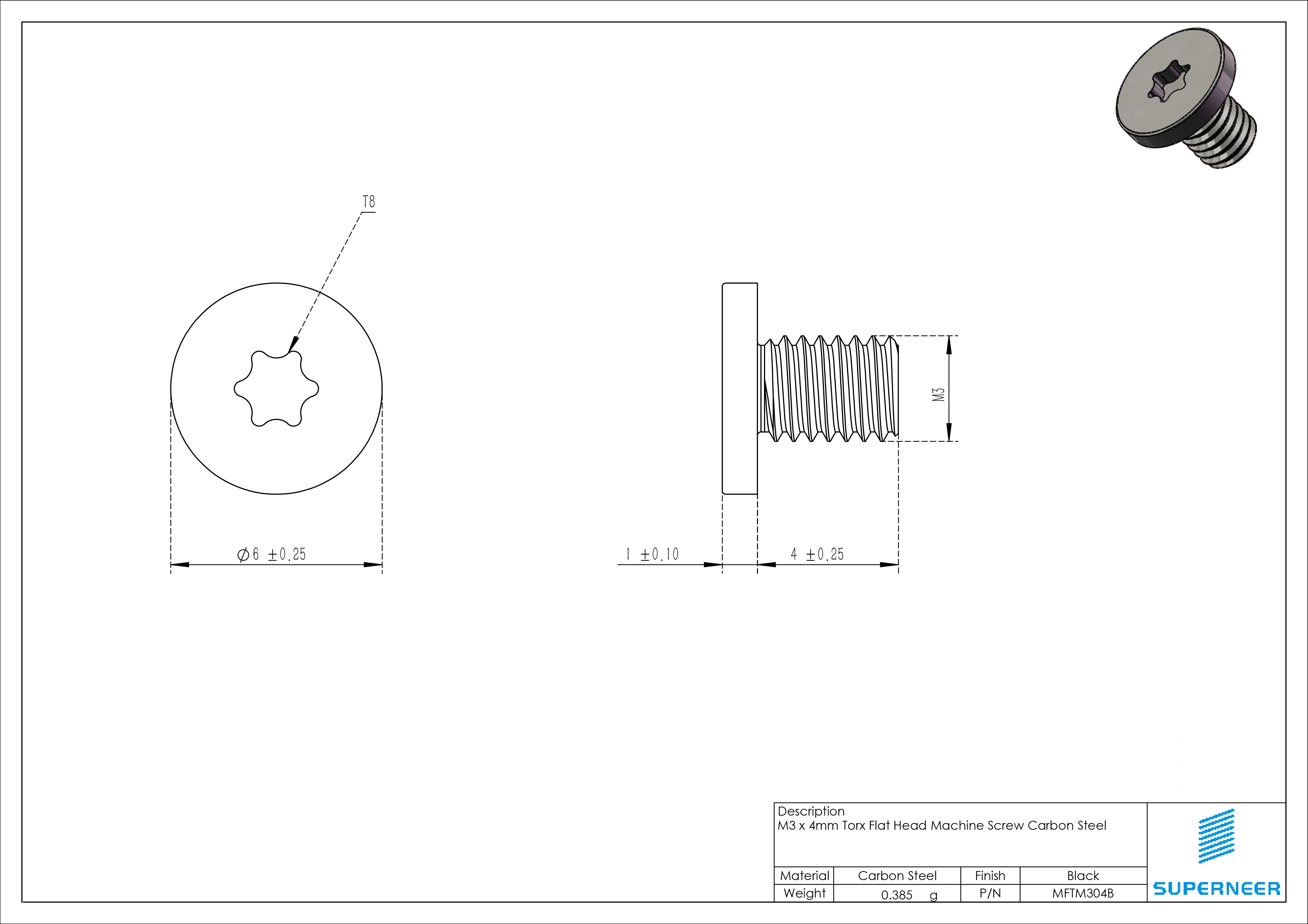 M3 x 4mm Torx Flat Head Machine Screw Carbon Steel Black