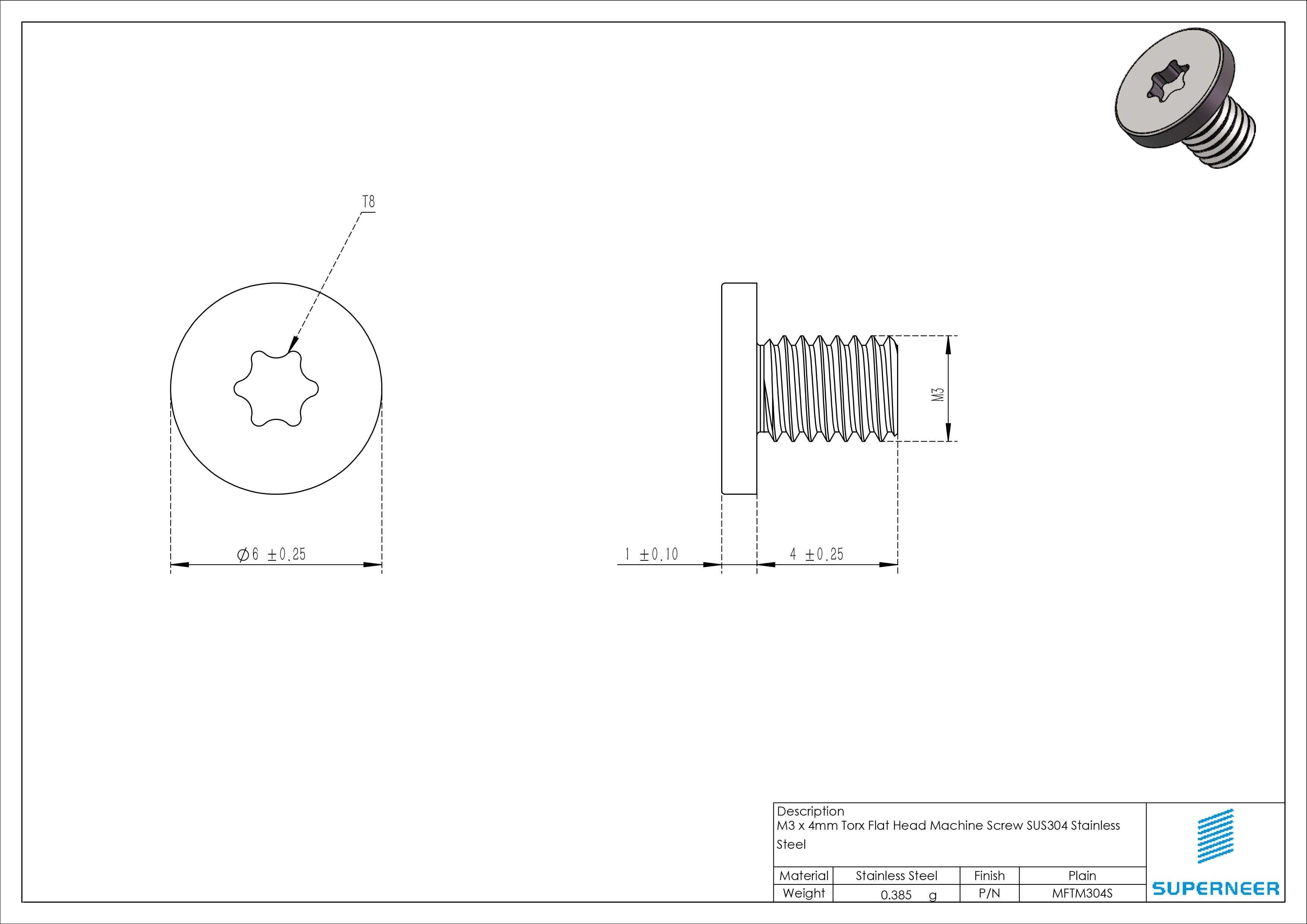 M3 x 4mm Torx Flat Head Machine Screw SUS304 Stainless Steel Inox 