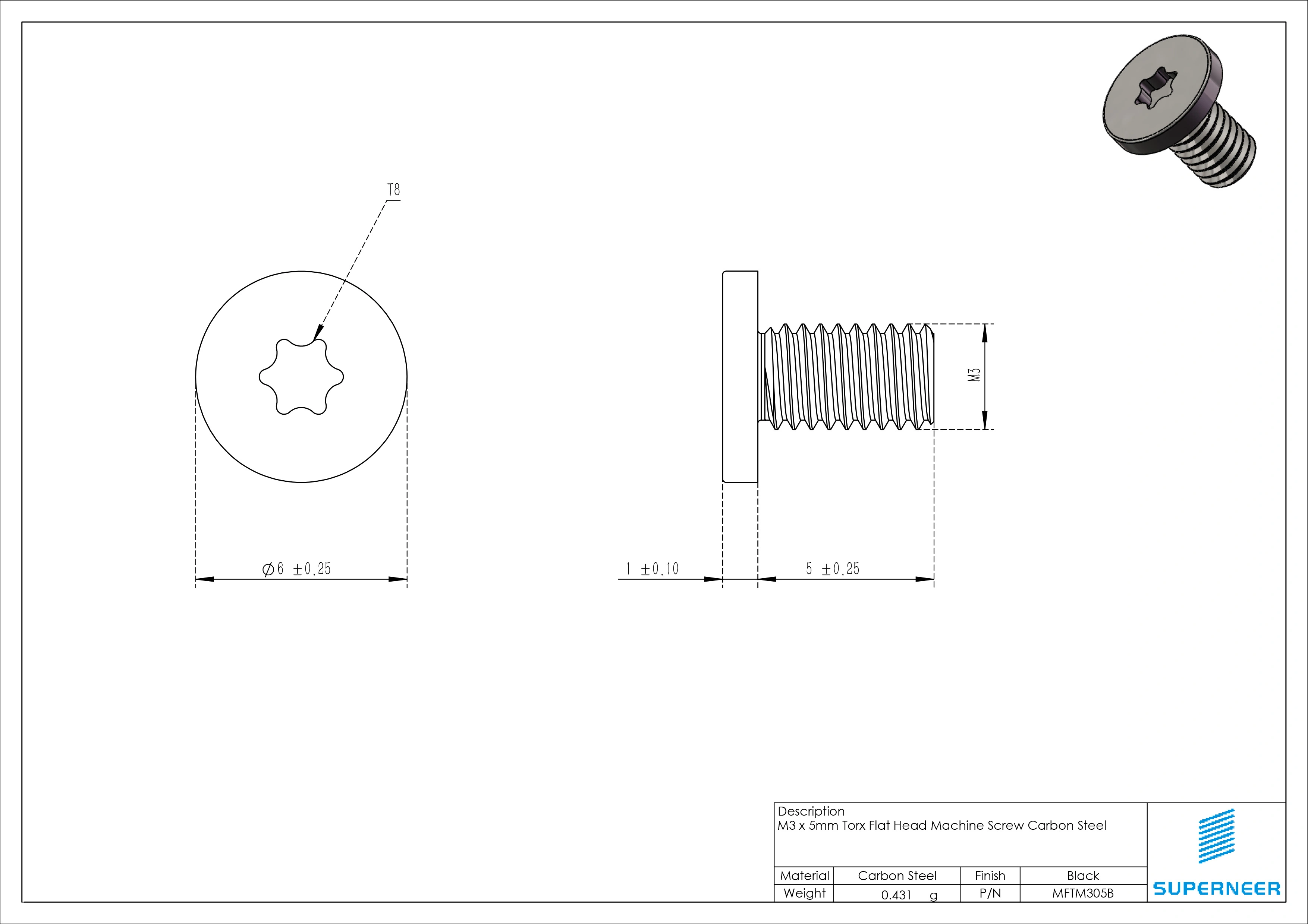 M3 x 5mm Torx Flat Head Machine Screw Carbon Steel Black