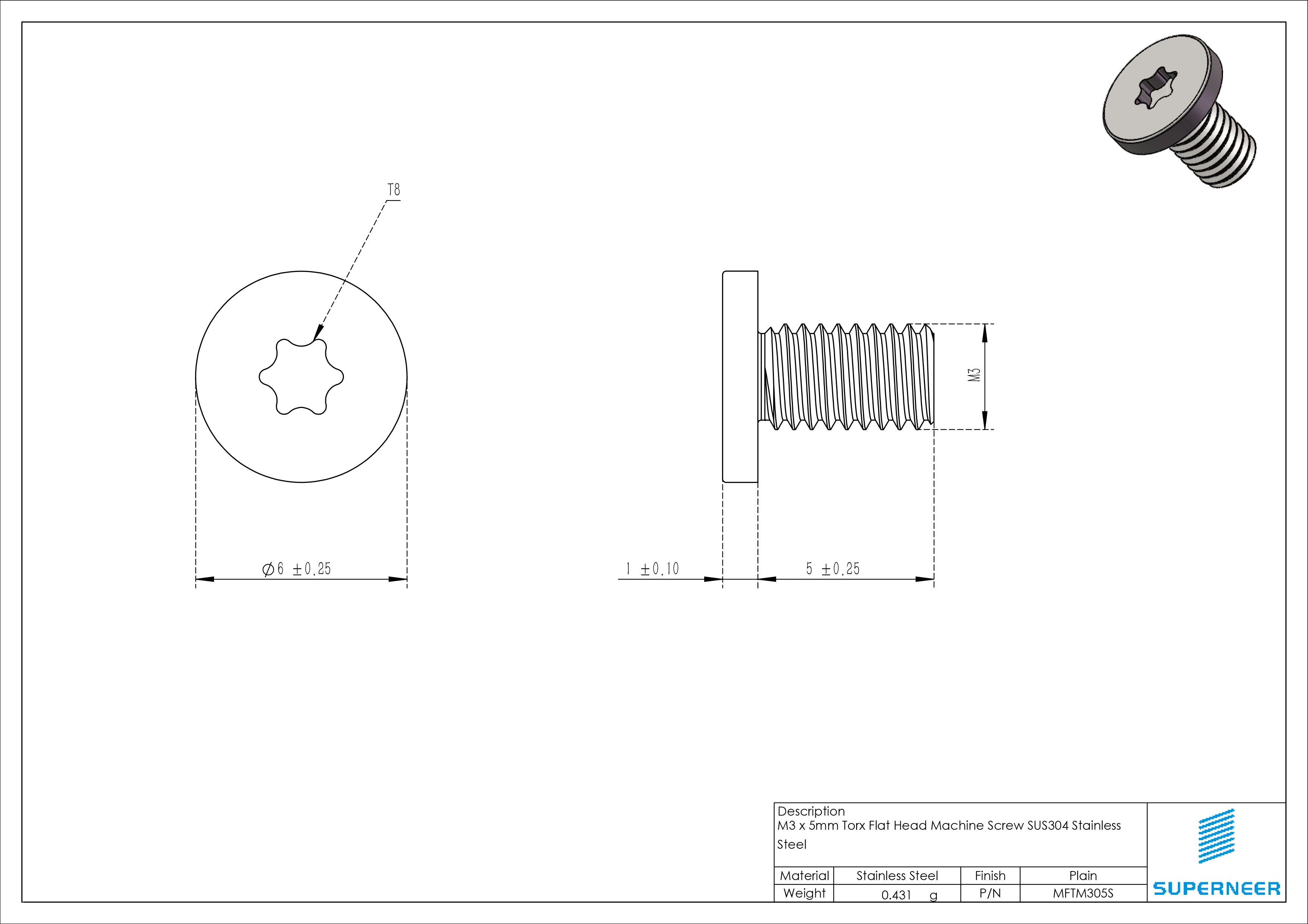 M3 x 5mm Torx Flat Head Machine Screw SUS304 Stainless Steel Inox 