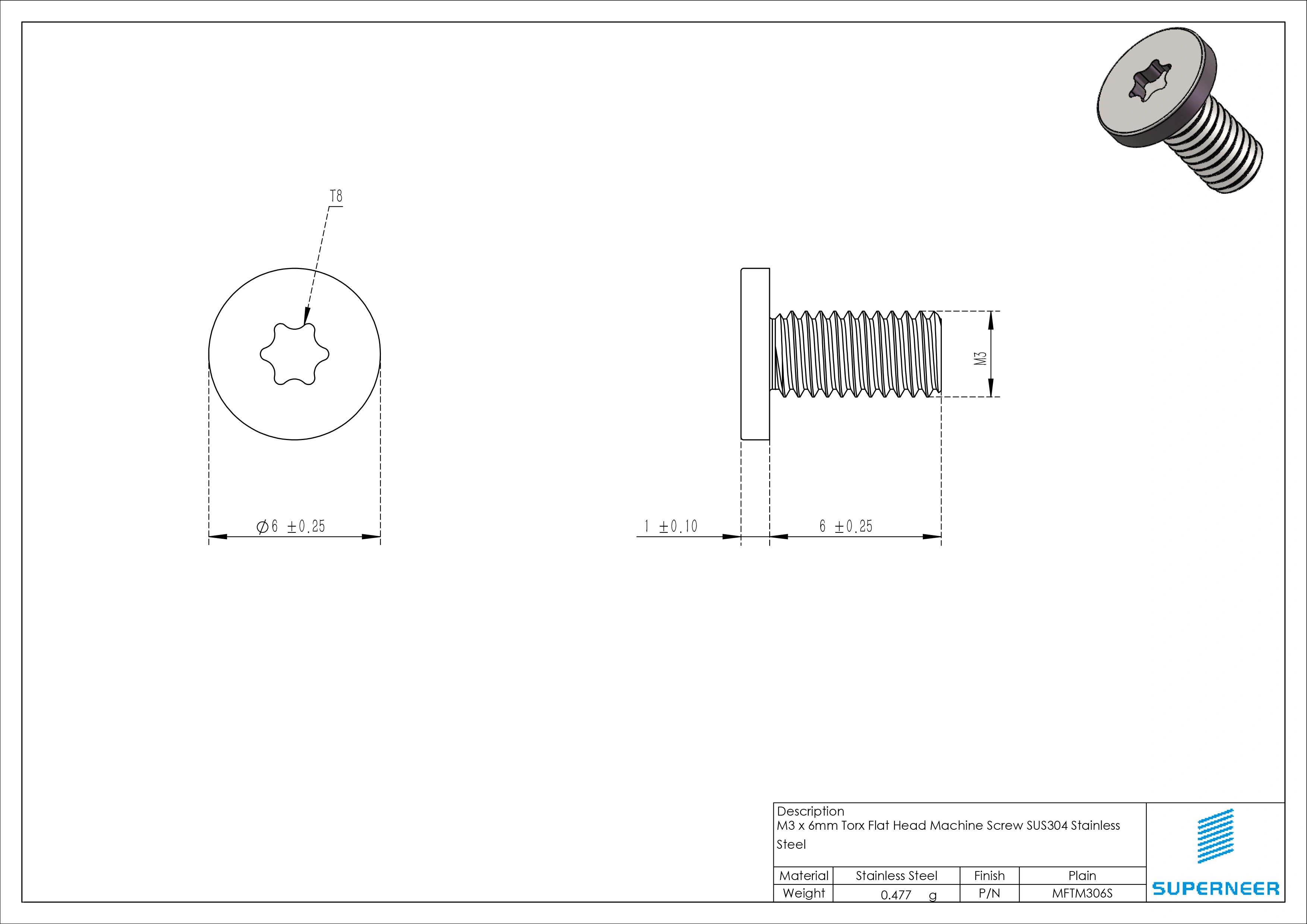 M3 x 6mm Torx Flat Head Machine Screw SUS304 Stainless Steel Inox 