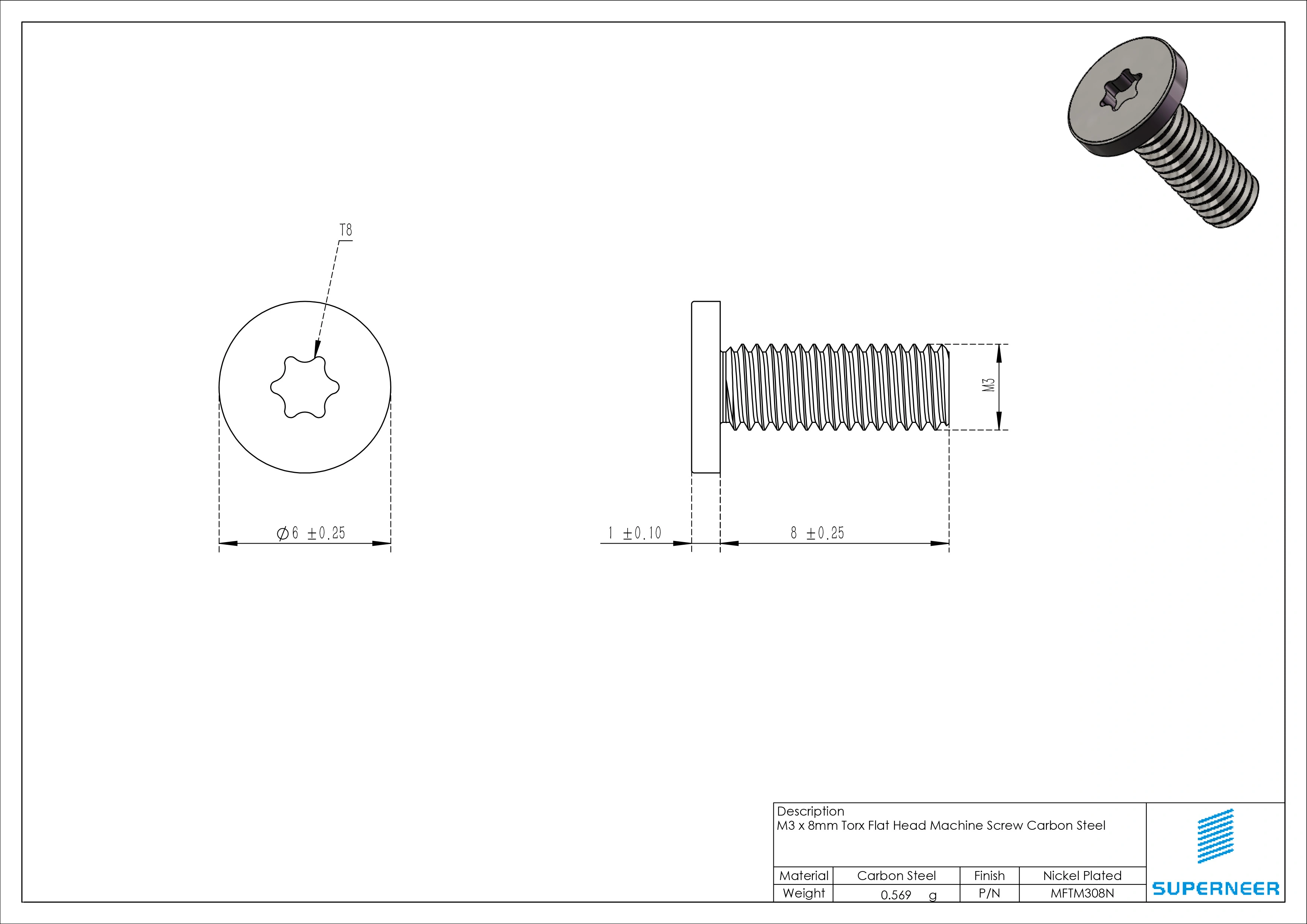 M3 x 8mm Torx Flat Head Machine Screw Carbon Steel Nickel Plated