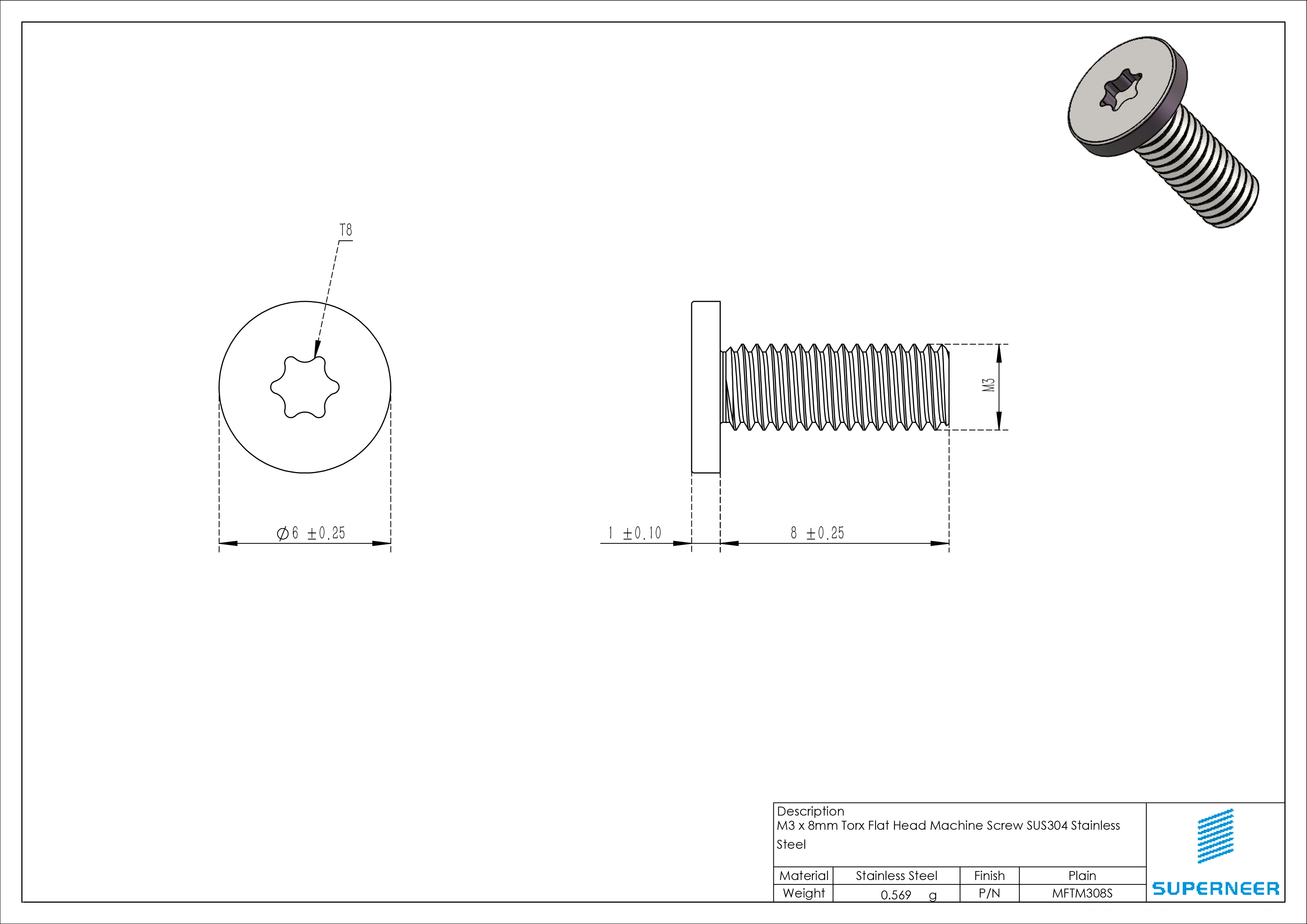 M3 x 8mm Torx Flat Head Machine Screw SUS304 Stainless Steel Inox 