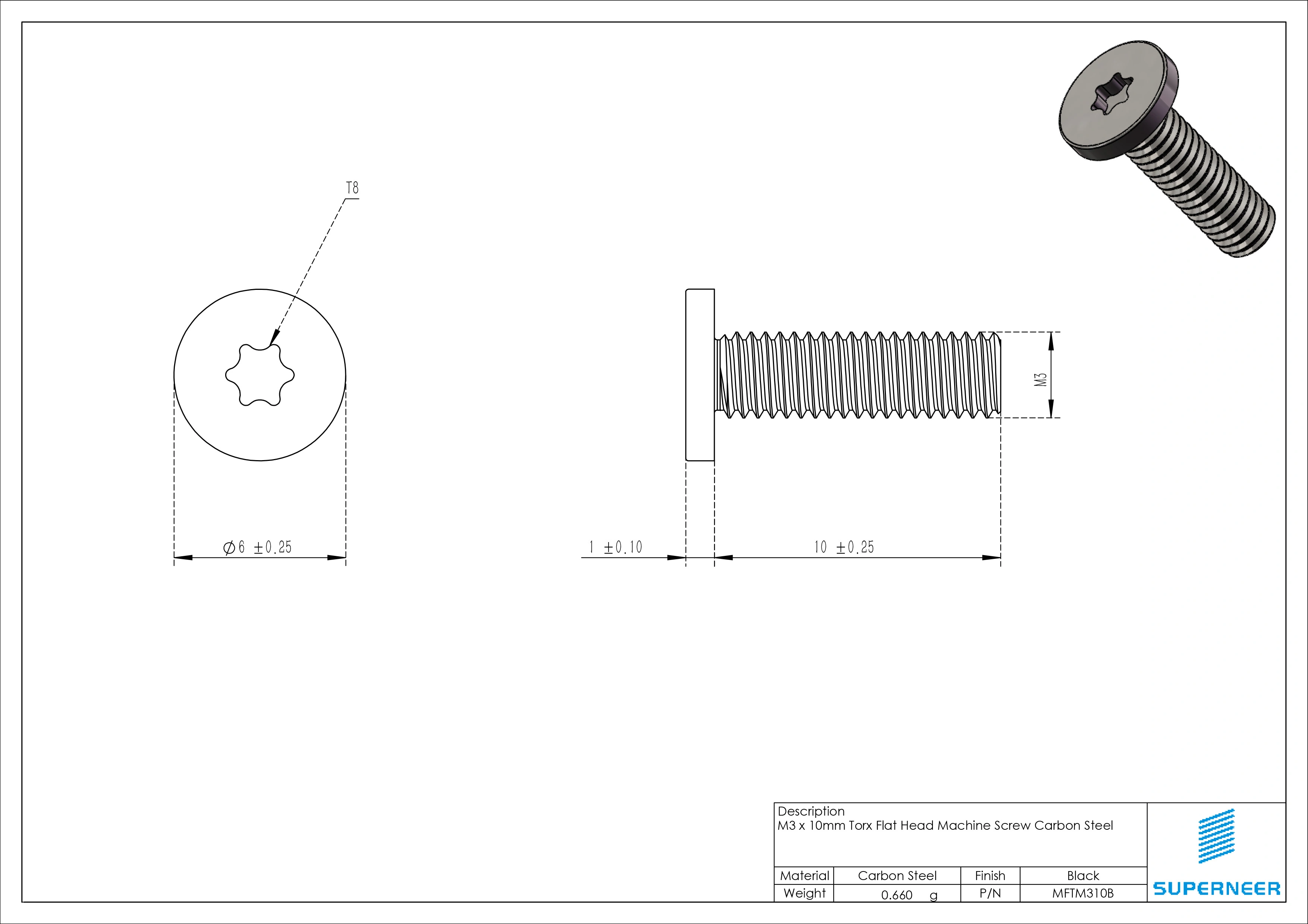 M3 x 10mm Torx Flat Head Machine Screw Carbon Steel Black