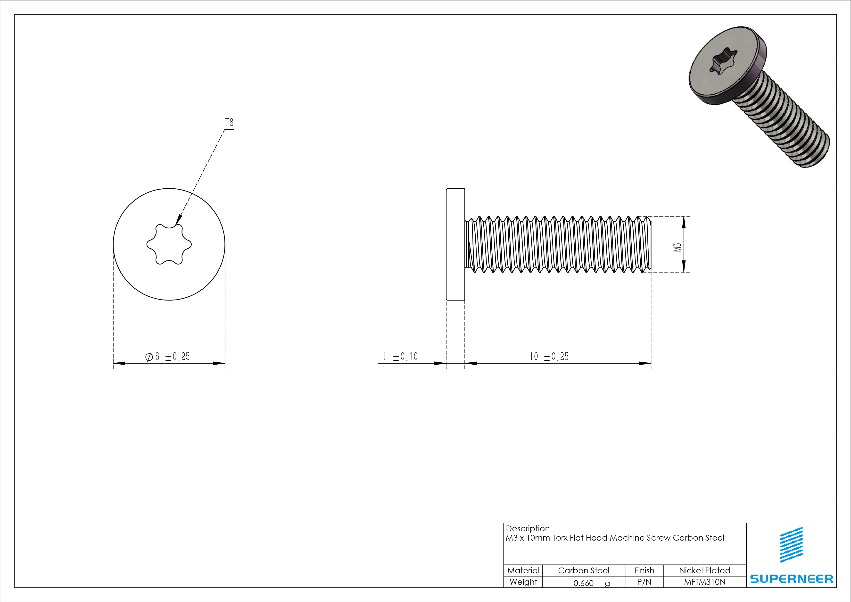 M3 x 10mm Torx Flat Head Machine Screw Carbon Steel Nickel Plated