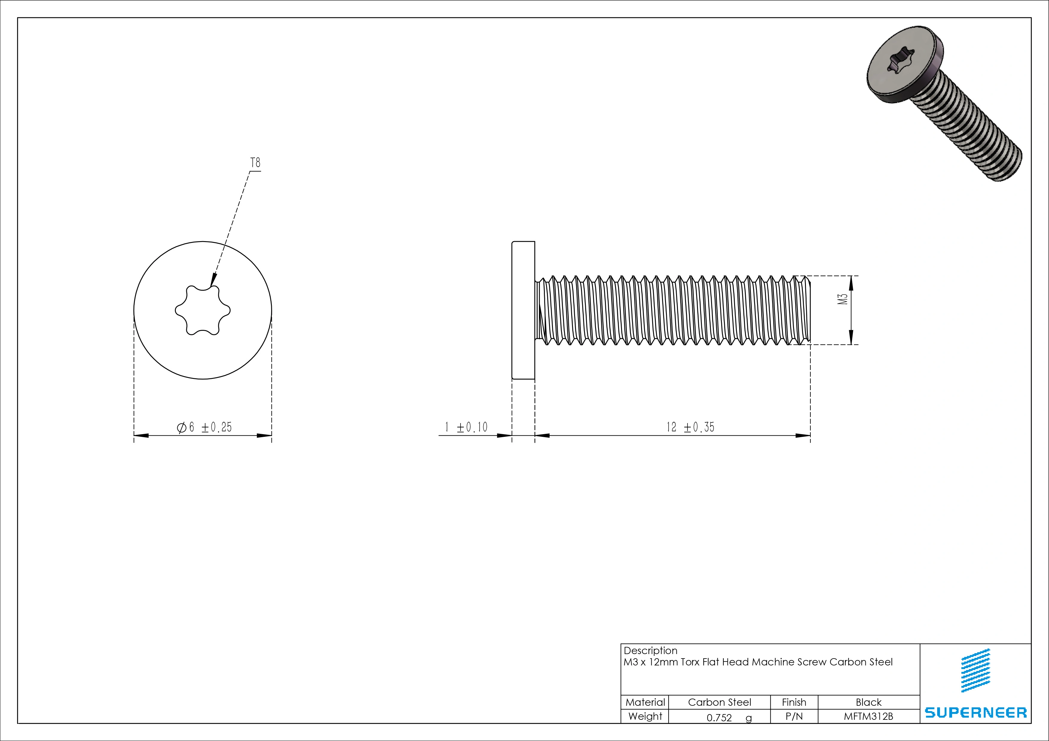 M3 x 12mm Torx Flat Head Machine Screw Carbon Steel Black