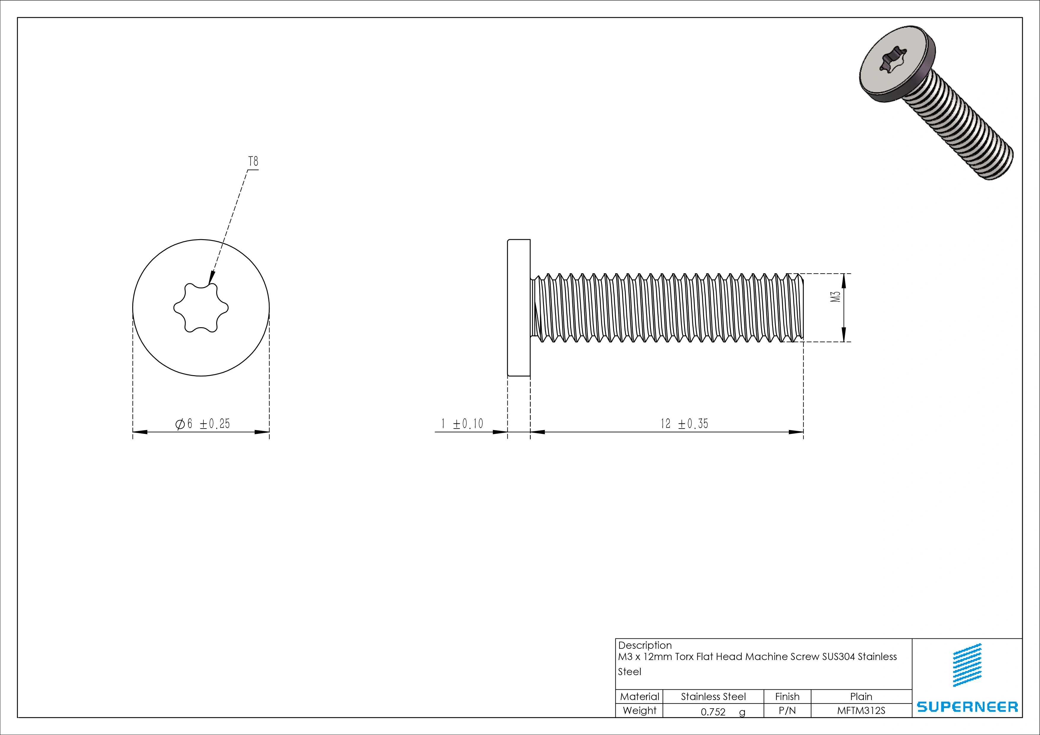 M3 x 12mm Torx Flat Head Machine Screw SUS304 Stainless Steel Inox 