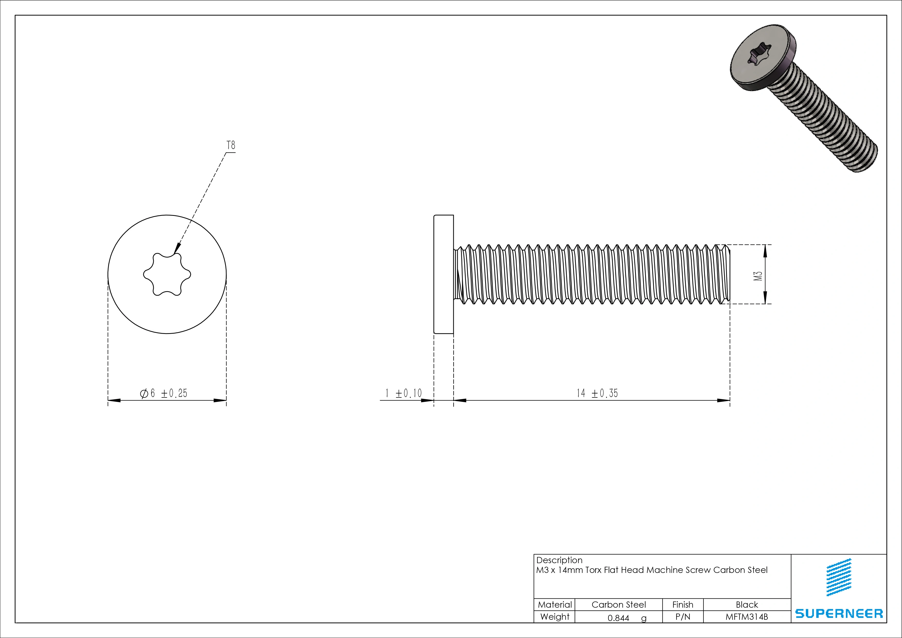 M3 x 14mm Torx Flat Head Machine Screw Carbon Steel Black