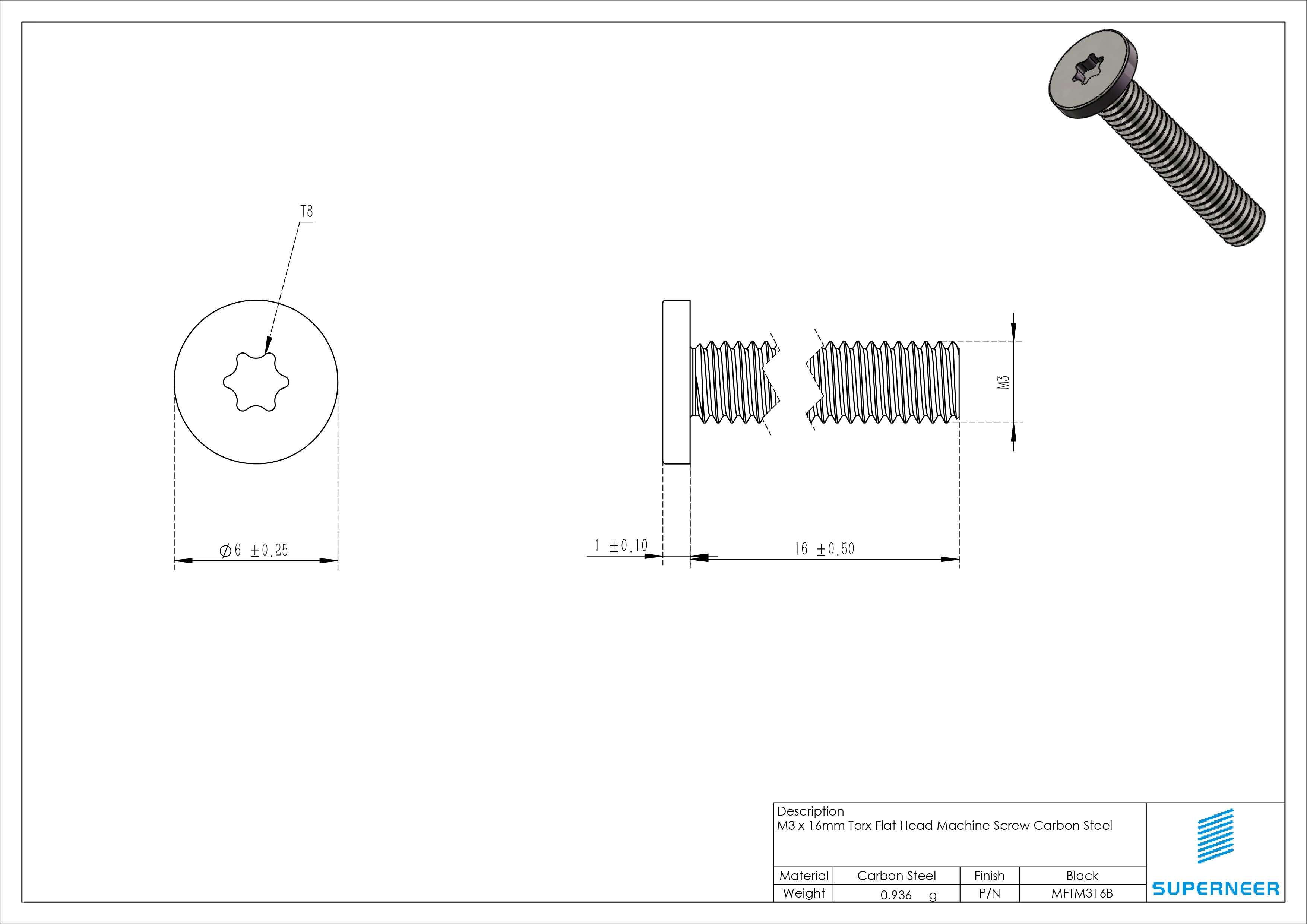 M3 x 16mm Torx Flat Head Machine Screw Carbon Steel Black