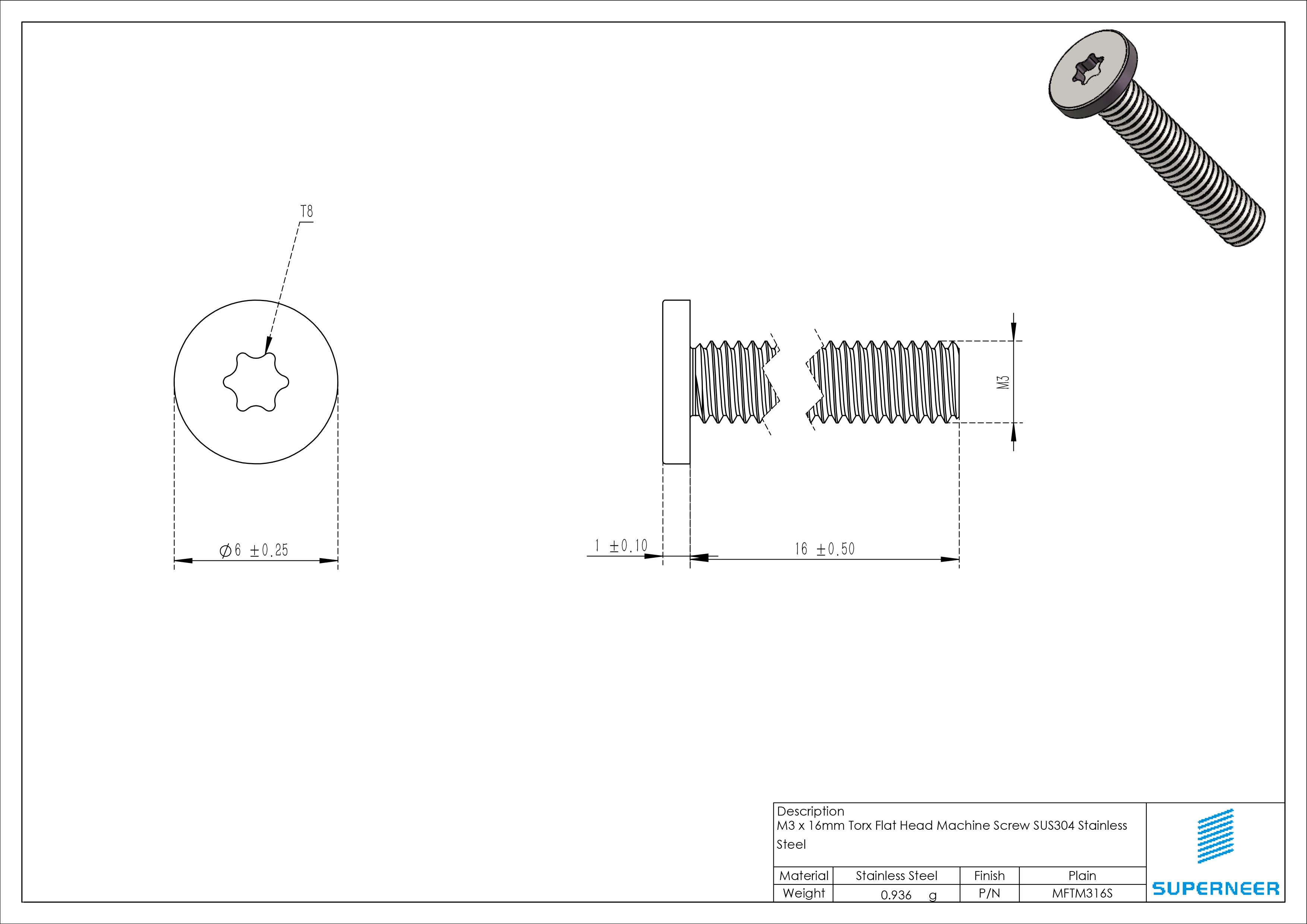 M3 x 16mm Torx Flat Head Machine Screw SUS304 Stainless Steel Inox 