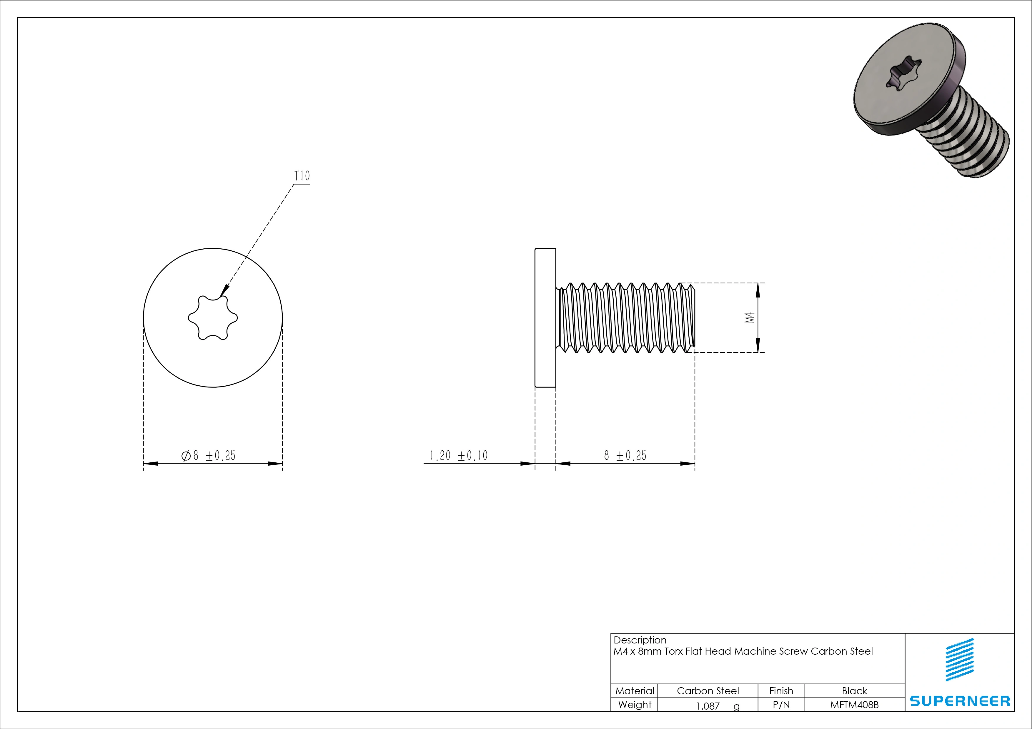 M4 x 8mm Torx Flat Head Machine Screw Carbon Steel Black