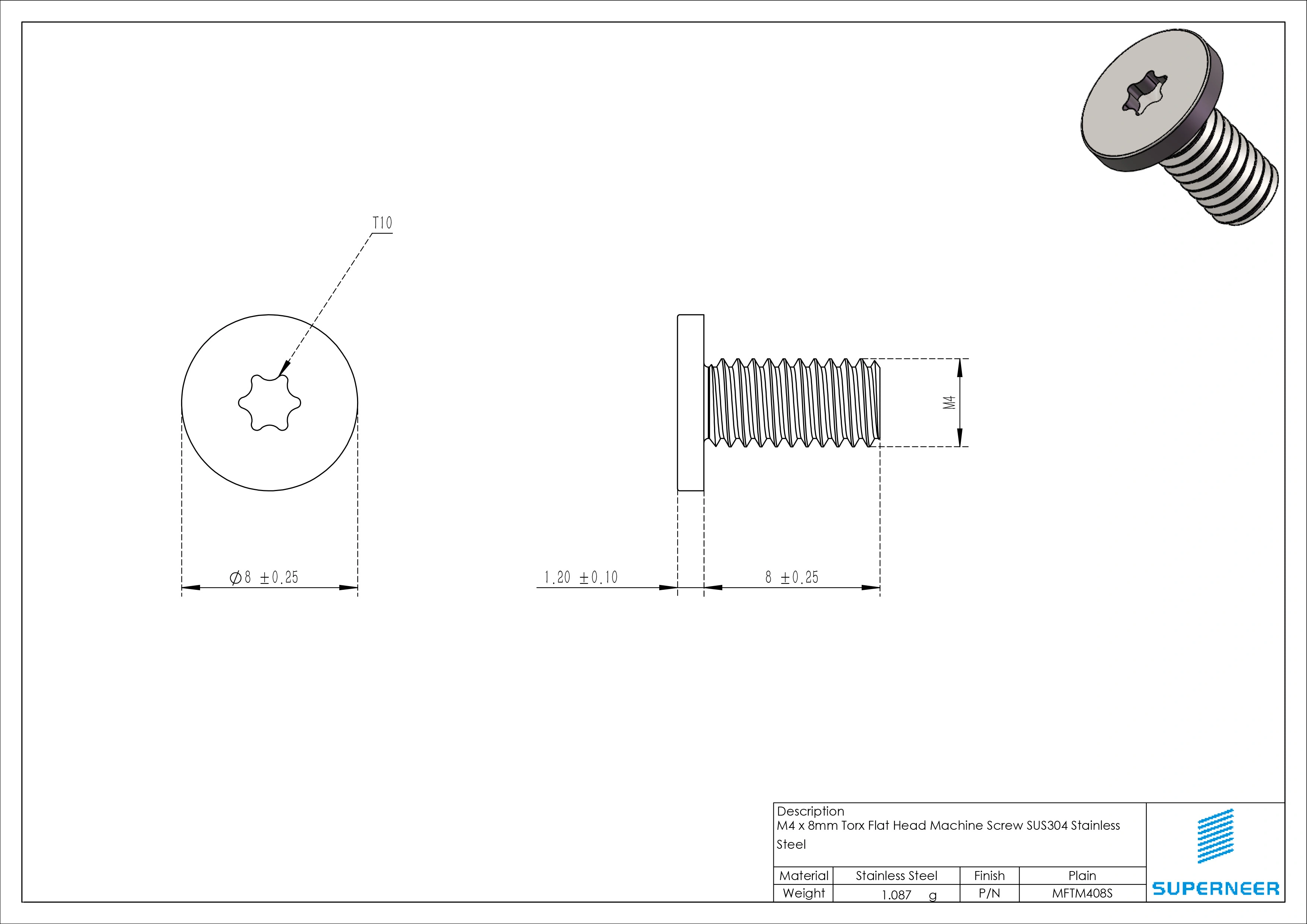 M4 x 8mm Torx Flat Head Machine Screw SUS304 Stainless Steel Inox 