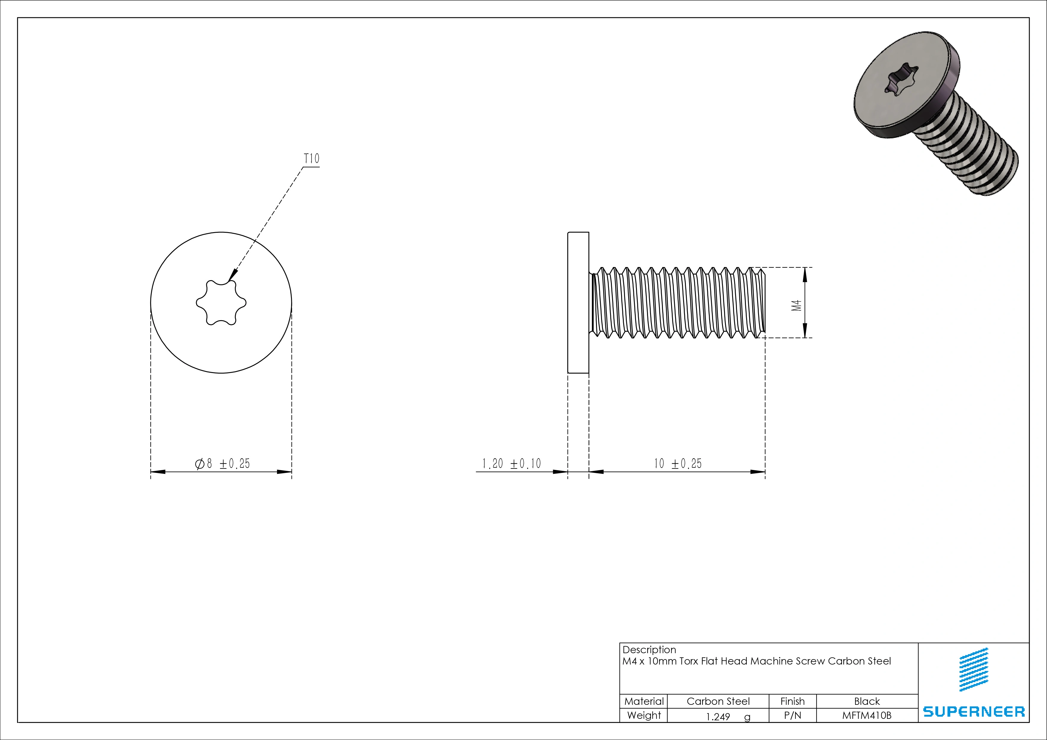 M4 x 10mm Torx Flat Head Machine Screw Carbon Steel Black