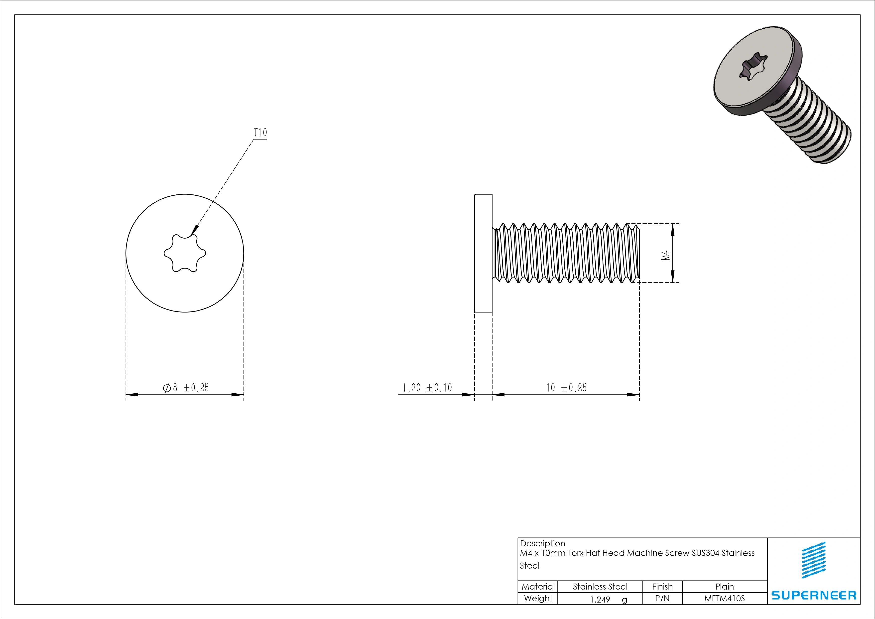 M4 x 10mm Torx Flat Head Machine Screw SUS304 Stainless Steel Inox 