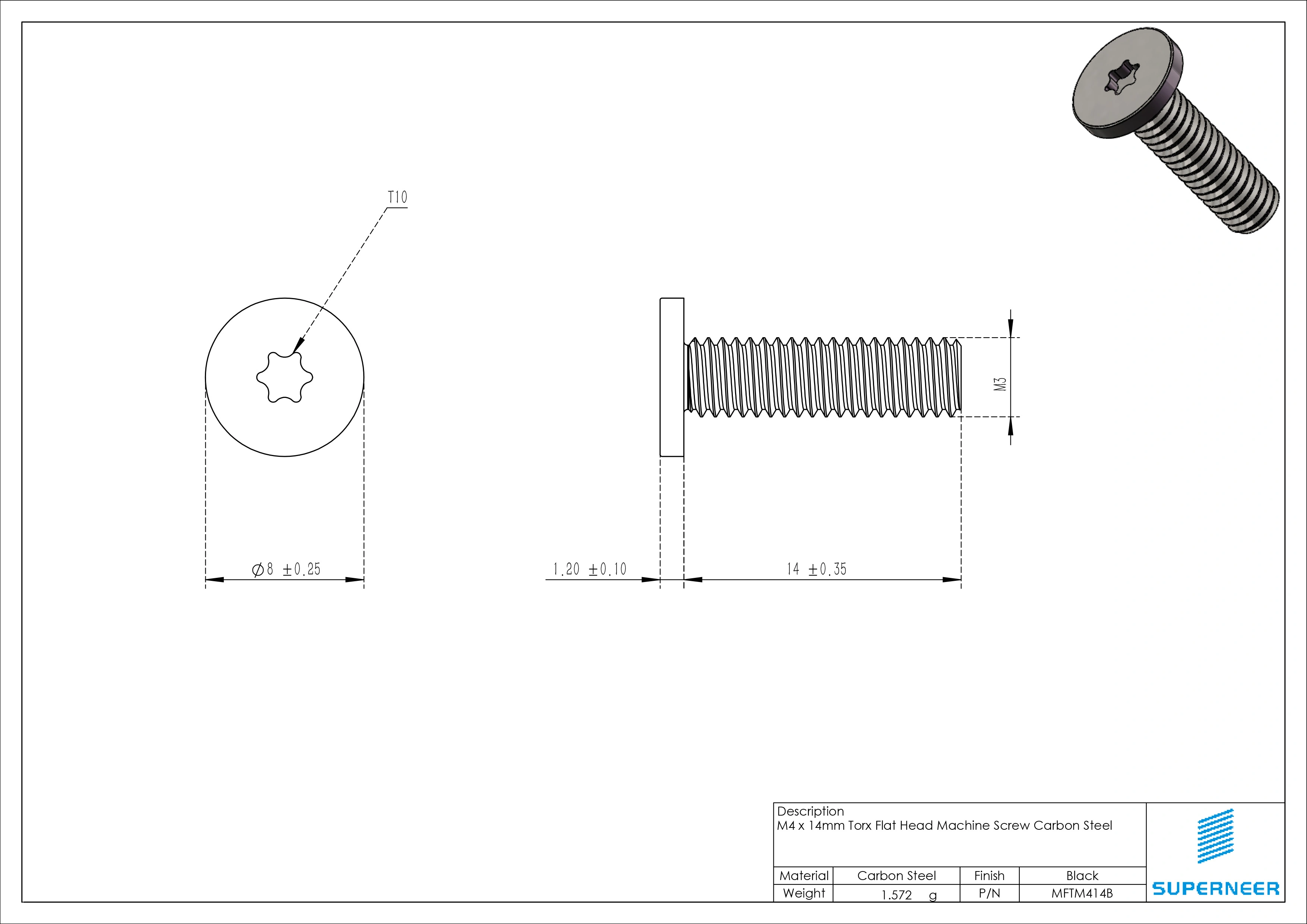 M4 x 14mm Torx Flat Head Machine Screw Carbon Steel Black