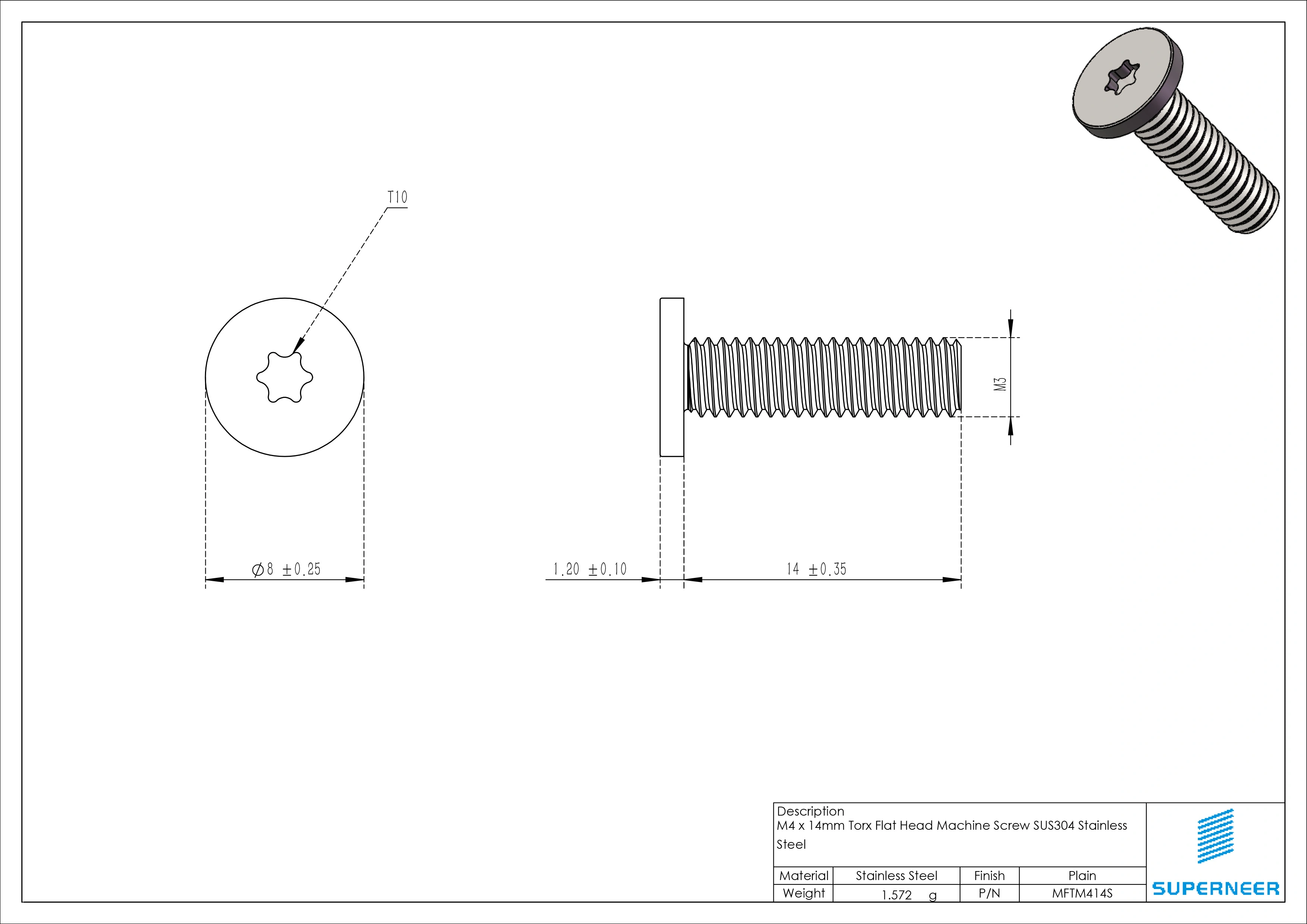 M4 x 14mm Torx Flat Head Machine Screw SUS304 Stainless Steel Inox 