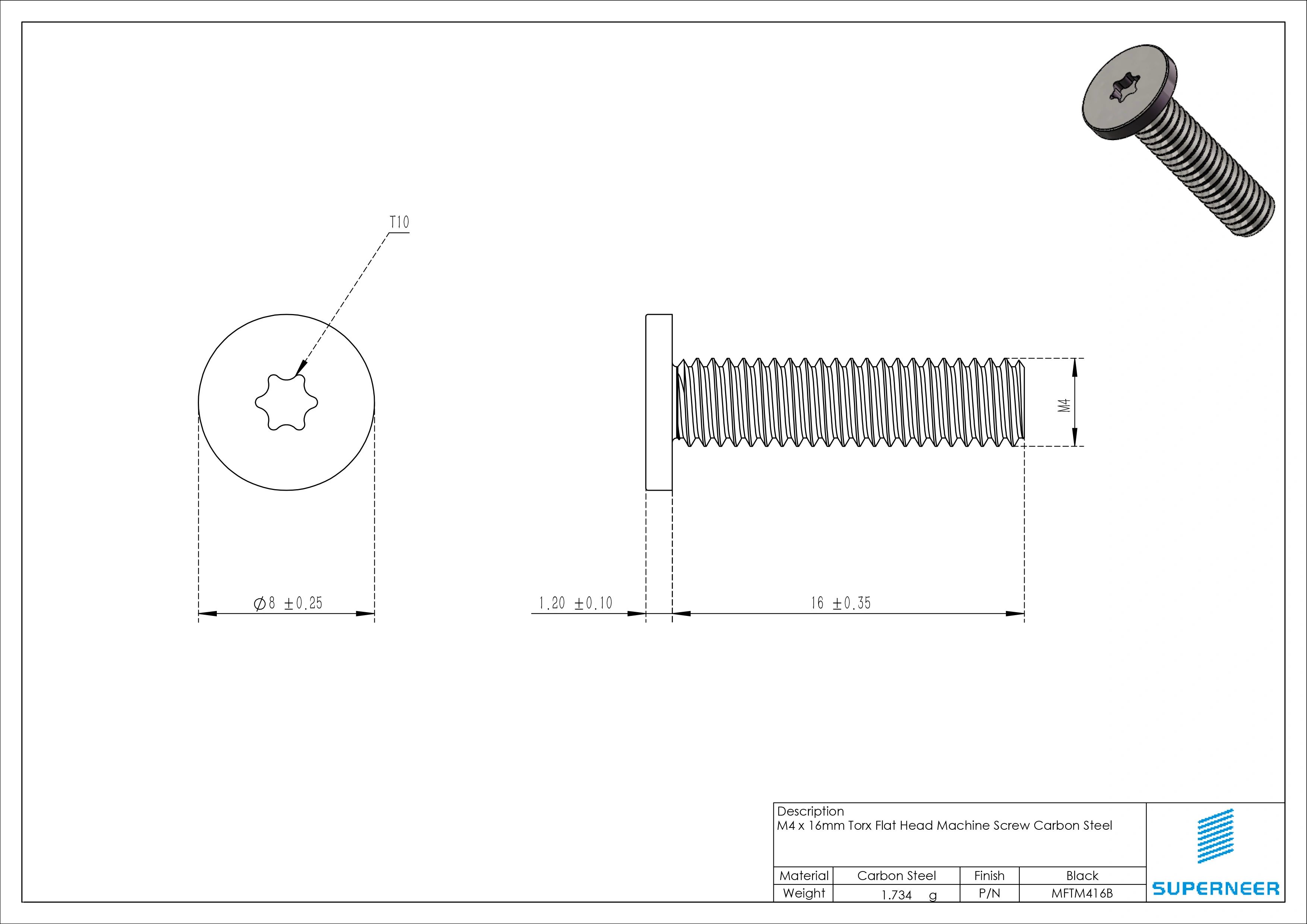 M4 x 16mm Torx Flat Head Machine Screw Carbon Steel Black