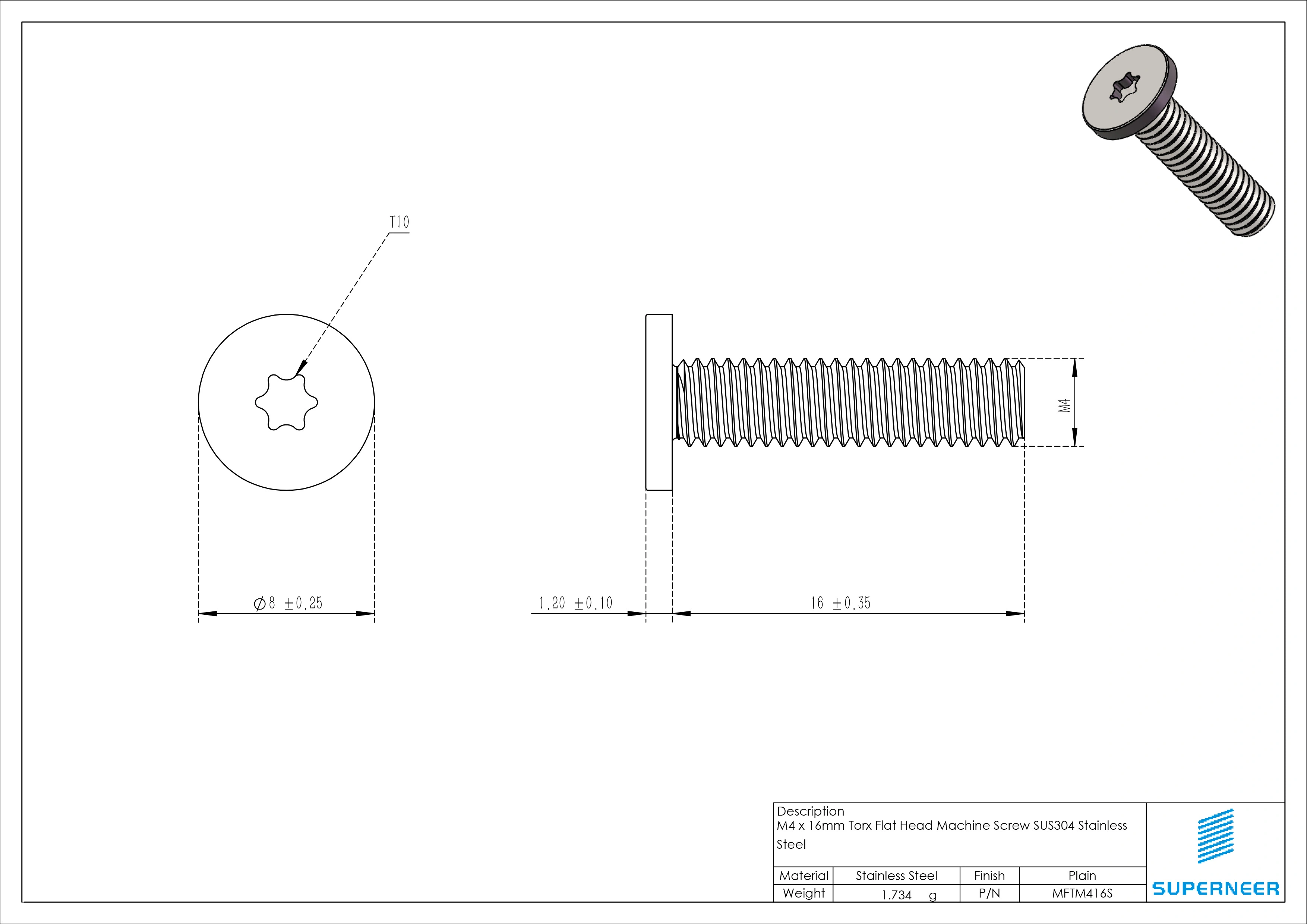 M4 x 16mm Torx Flat Head Machine Screw SUS304 Stainless Steel Inox 