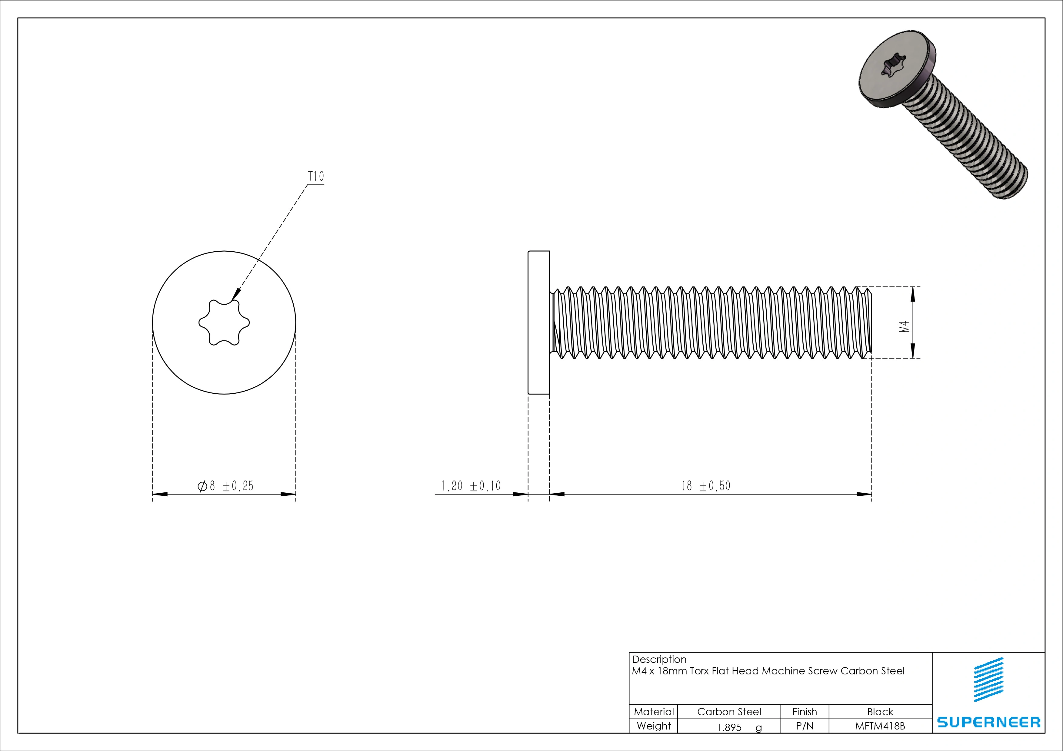 M4 x 18mm Torx Flat Head Machine Screw Carbon Steel Black