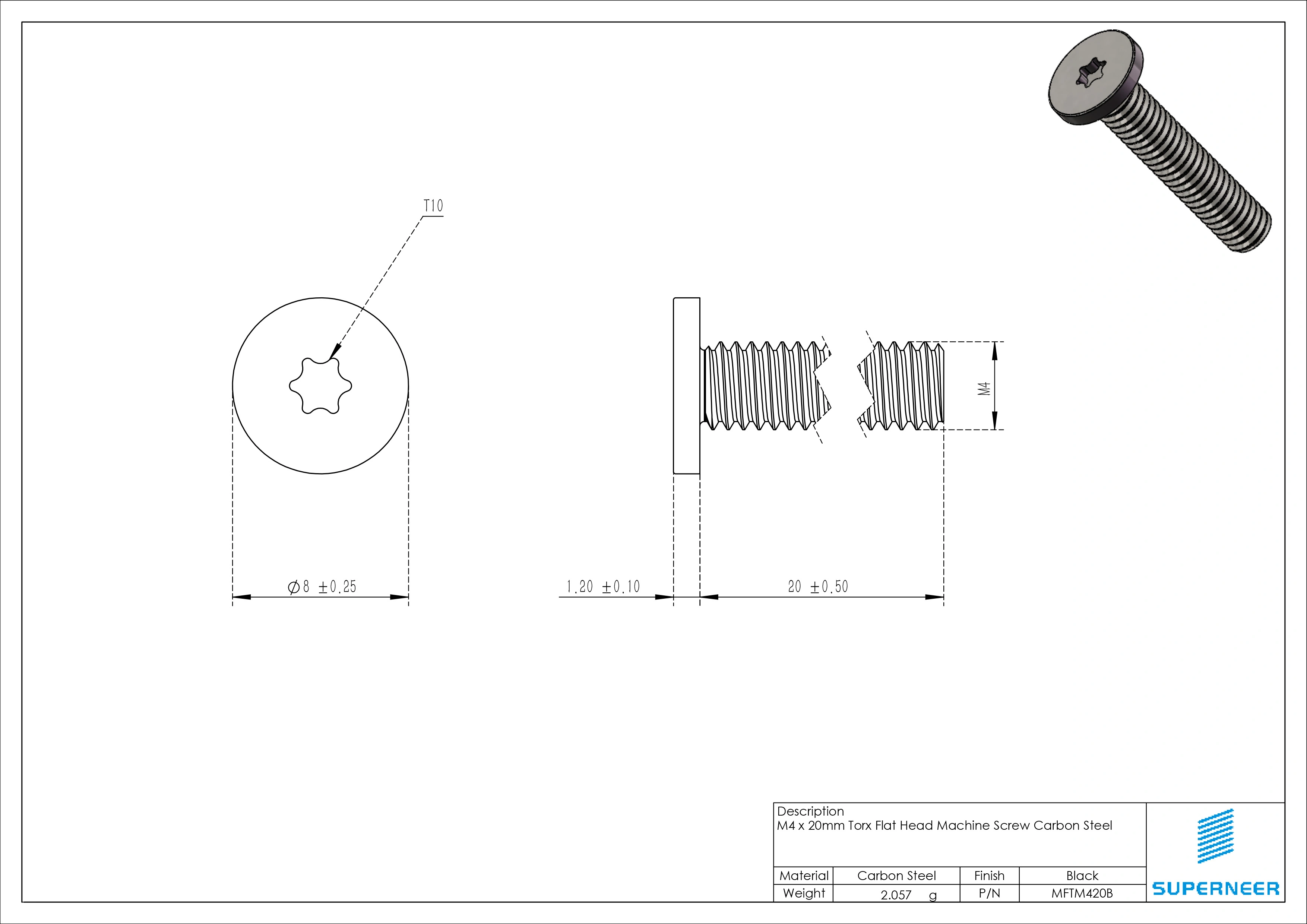 M4 x 20mm Torx Flat Head Machine Screw Carbon Steel Black