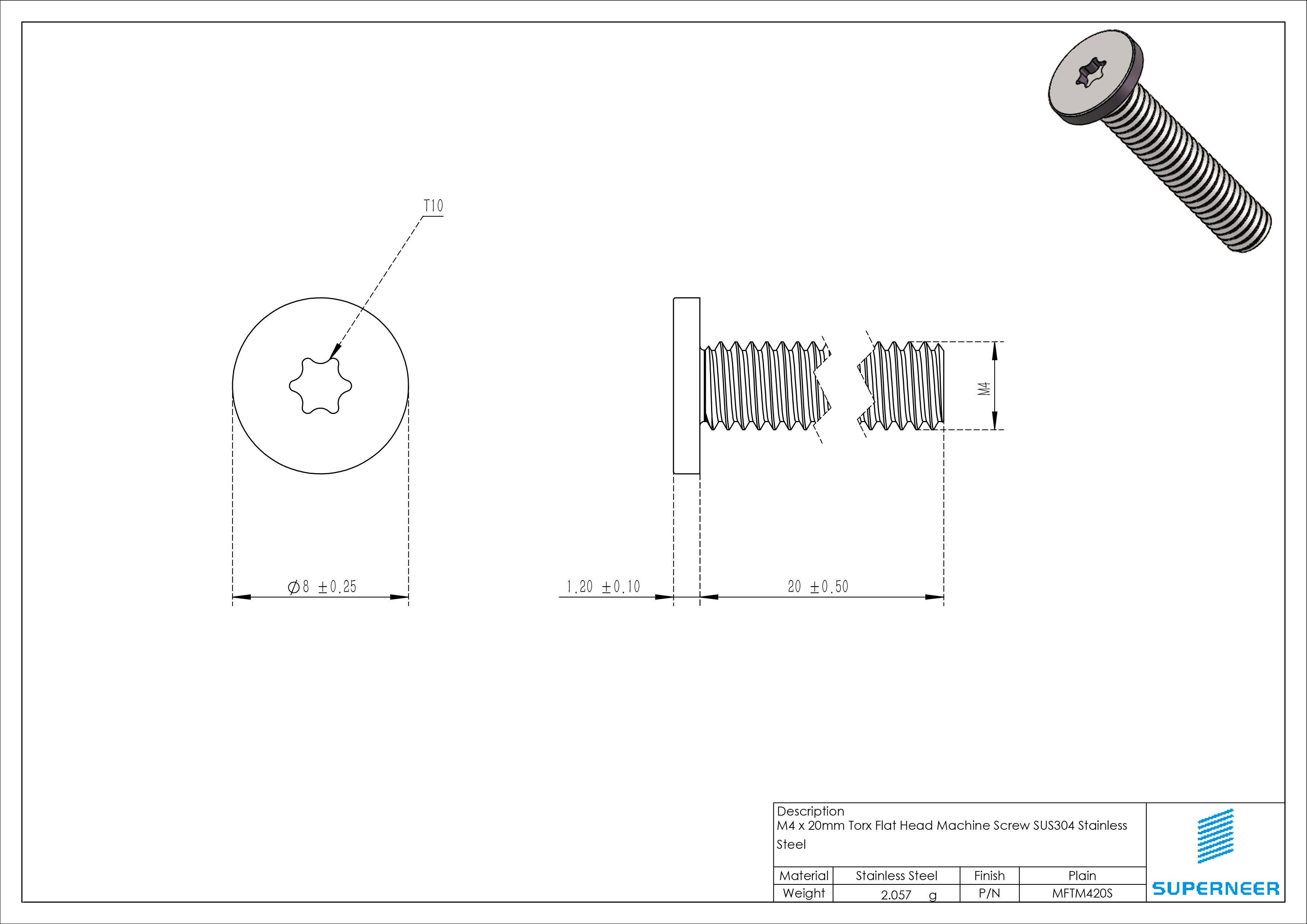 M4 x 20mm Torx Flat Head Machine Screw SUS304 Stainless Steel Inox 