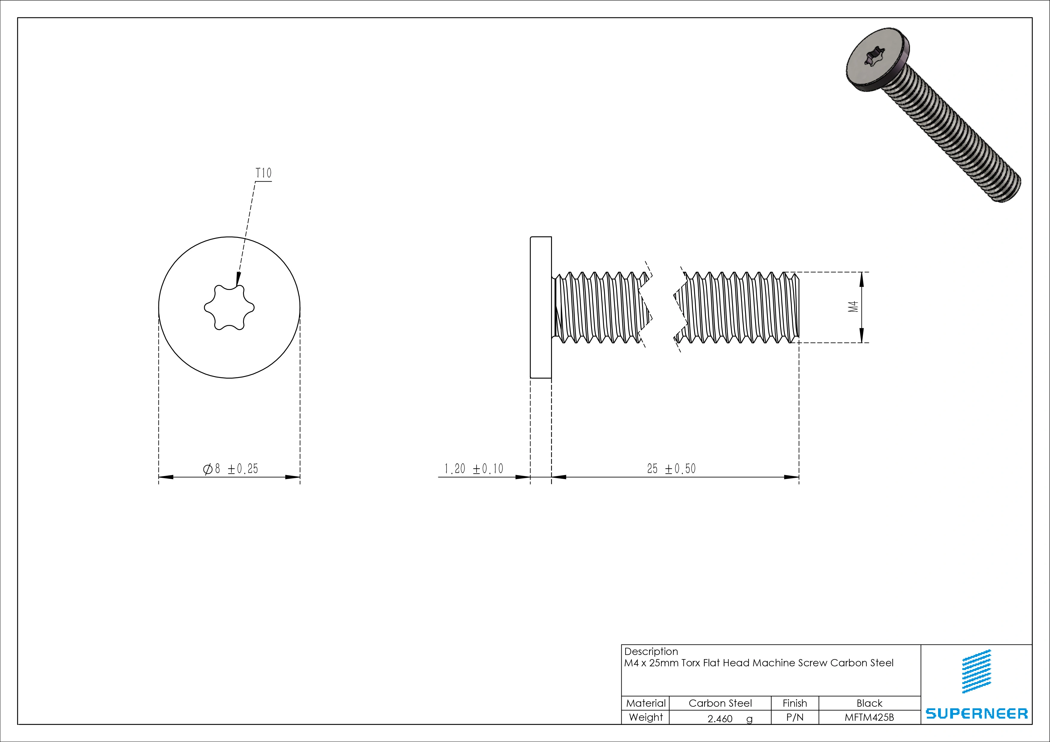 M4 x 25mm Torx Flat Head Machine Screw Carbon Steel Black