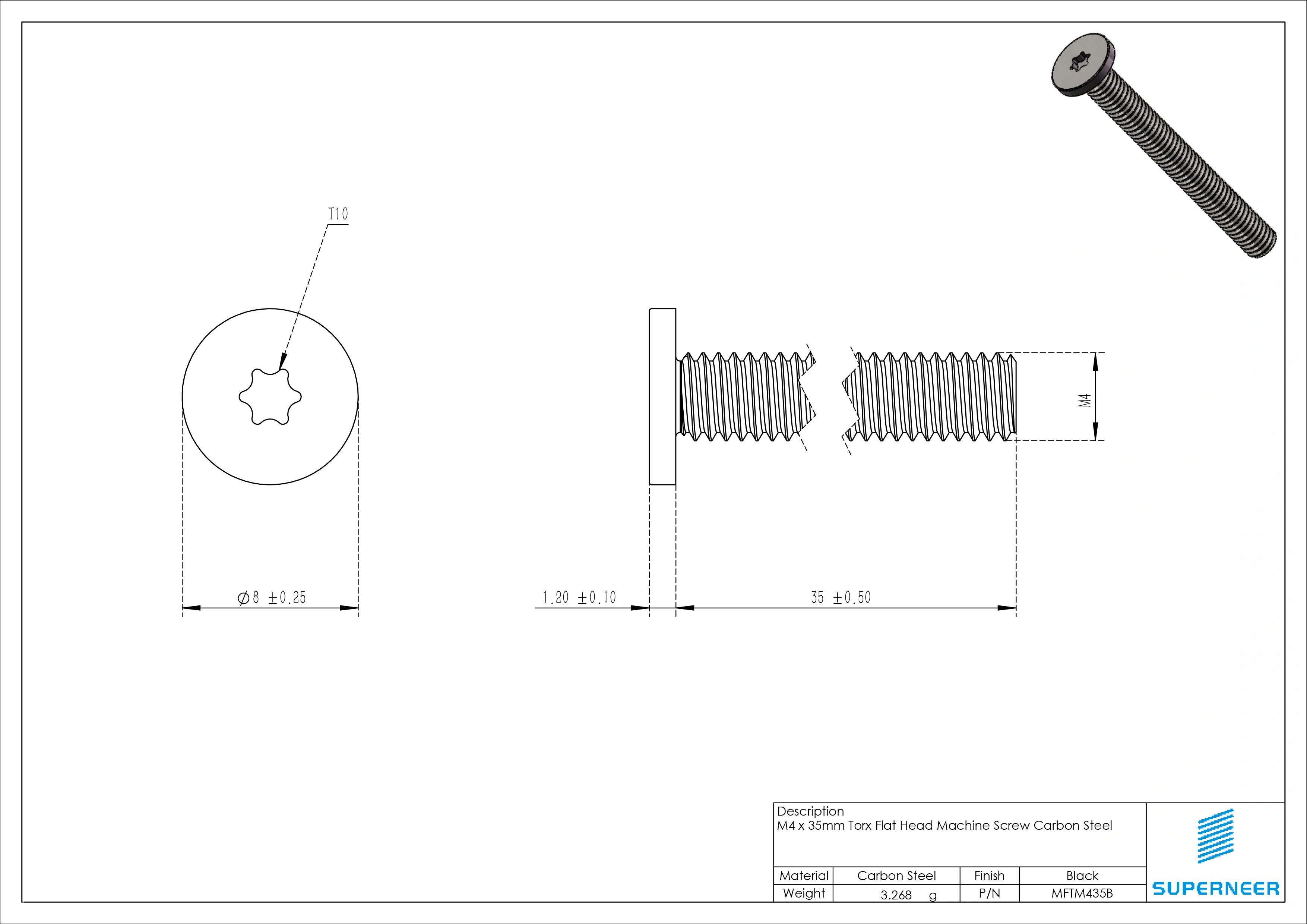 M4 x 35mm Torx Flat Head Machine Screw Carbon Steel Black