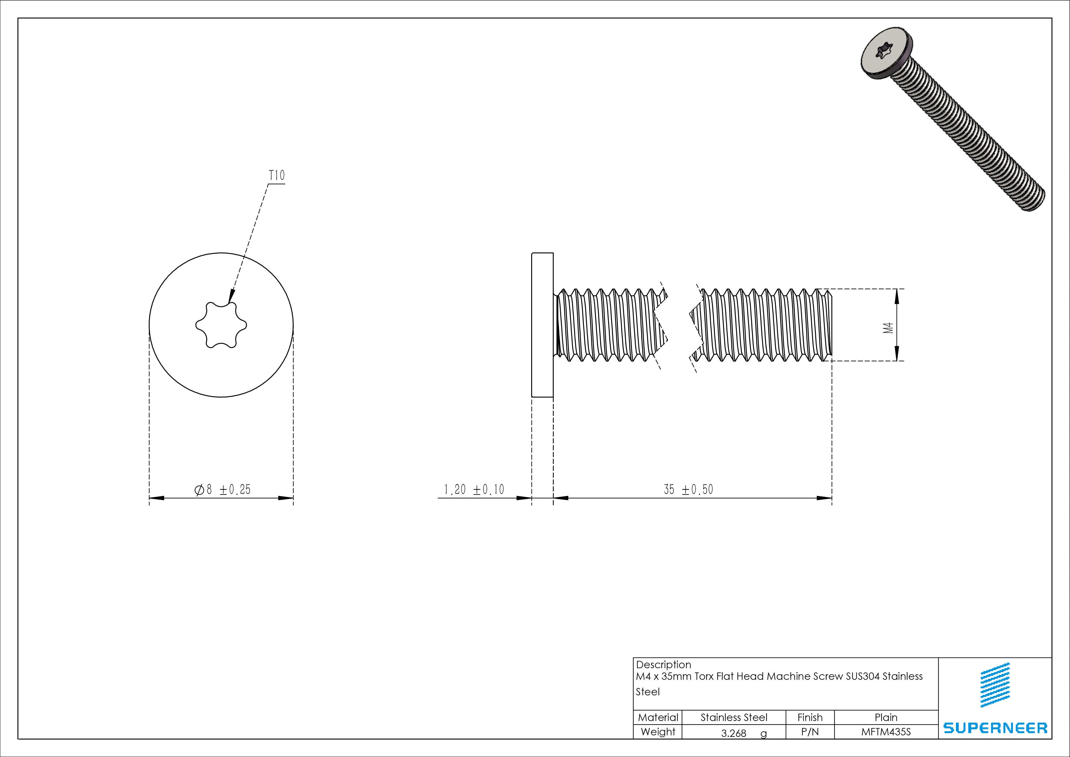 M4 x 35mm Torx Flat Head Machine Screw SUS304 Stainless Steel Inox 