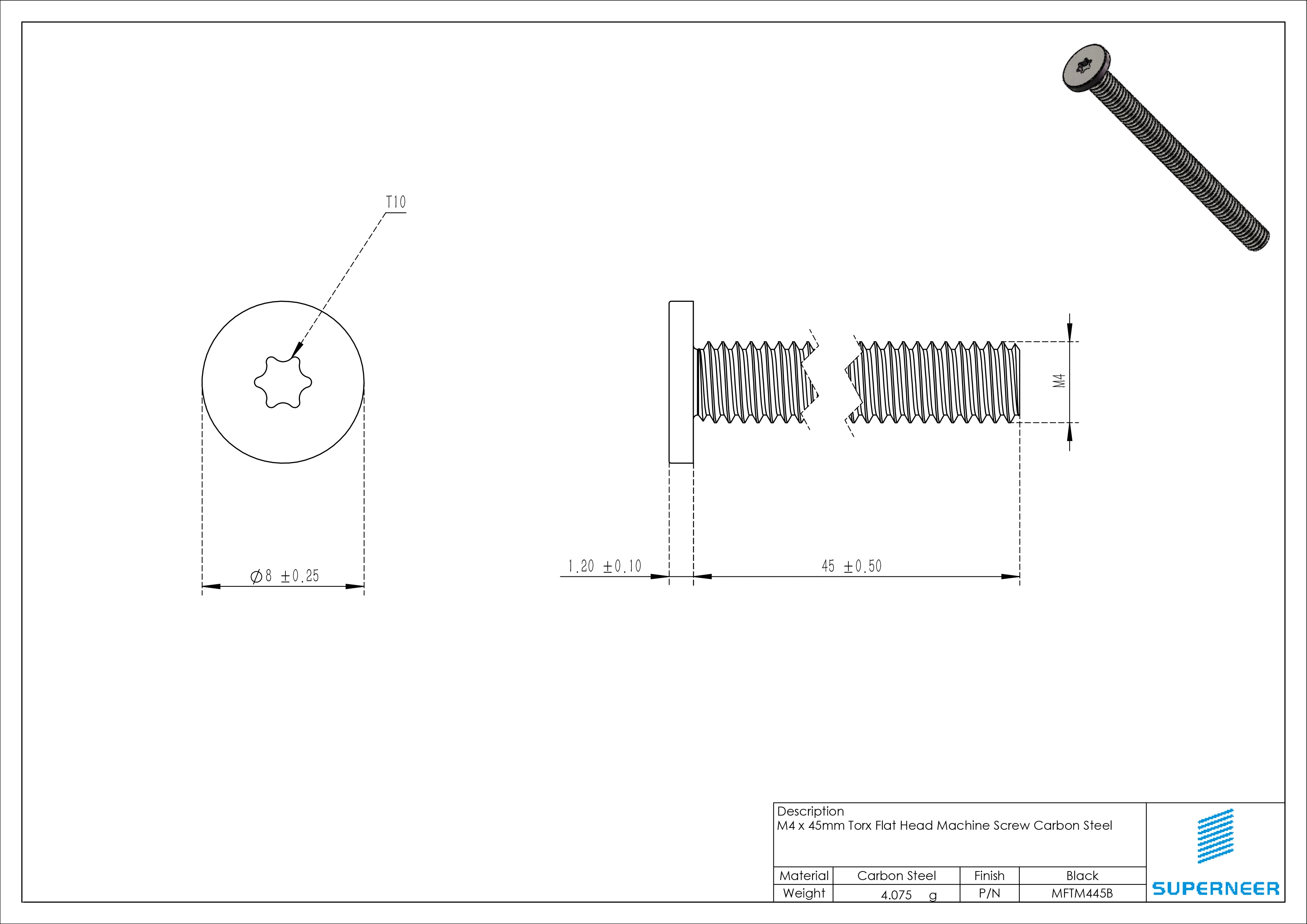 M4 x 45mm Torx Flat Head Machine Screw Carbon Steel Black