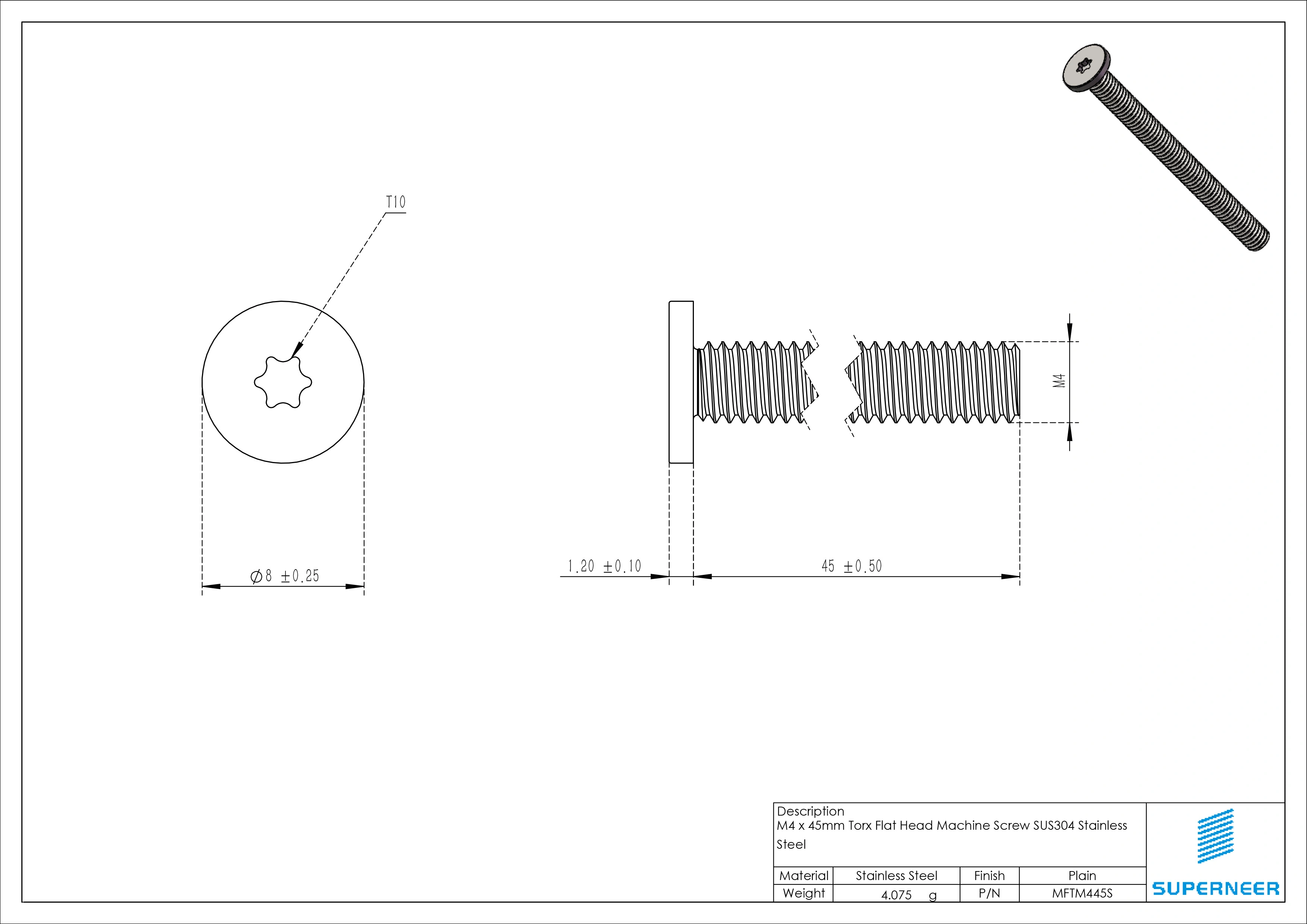 M4 x 45mm Torx Flat Head Machine Screw SUS304 Stainless Steel Inox 