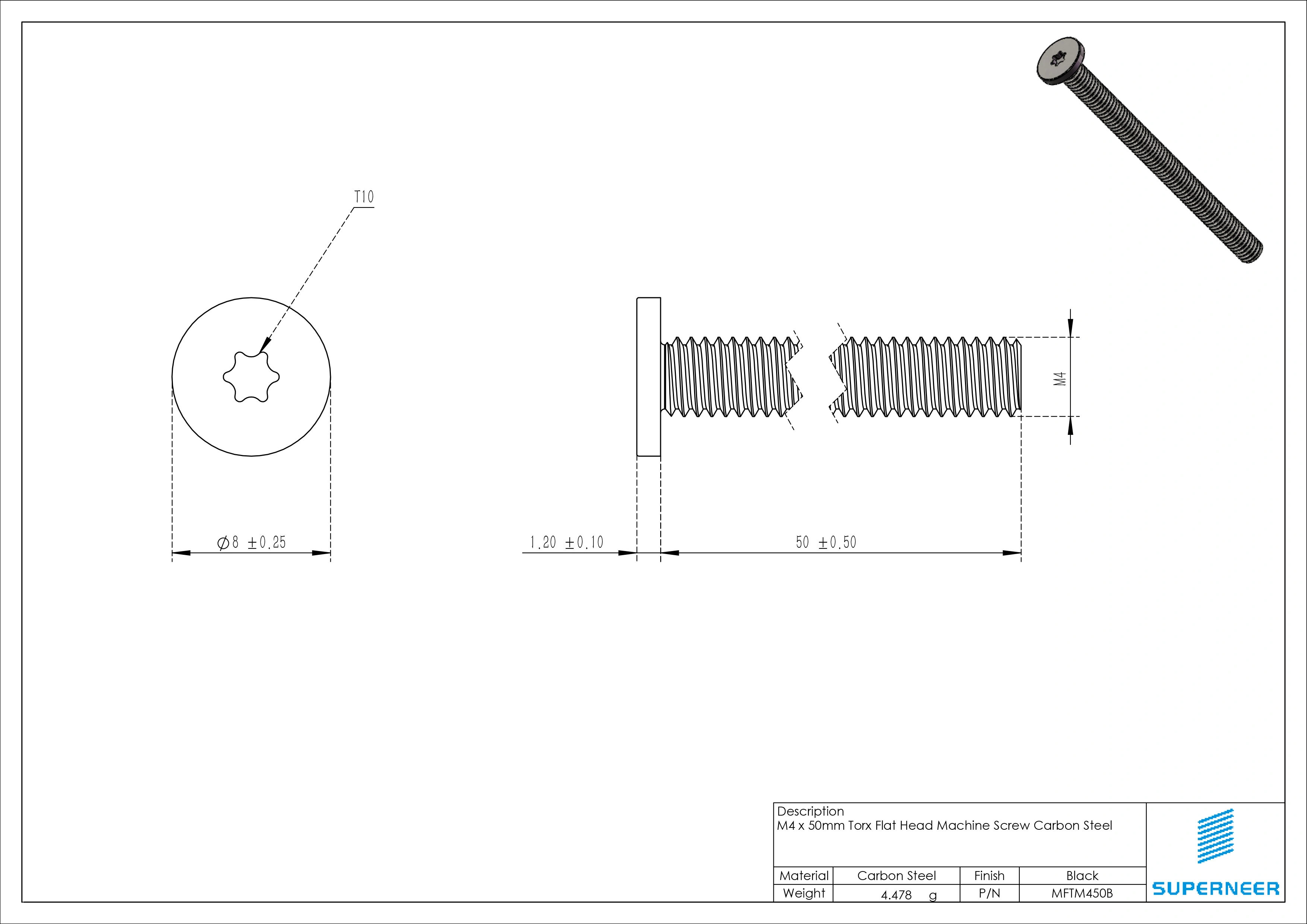 M4 x 50mm Torx Flat Head Machine Screw Carbon Steel Black