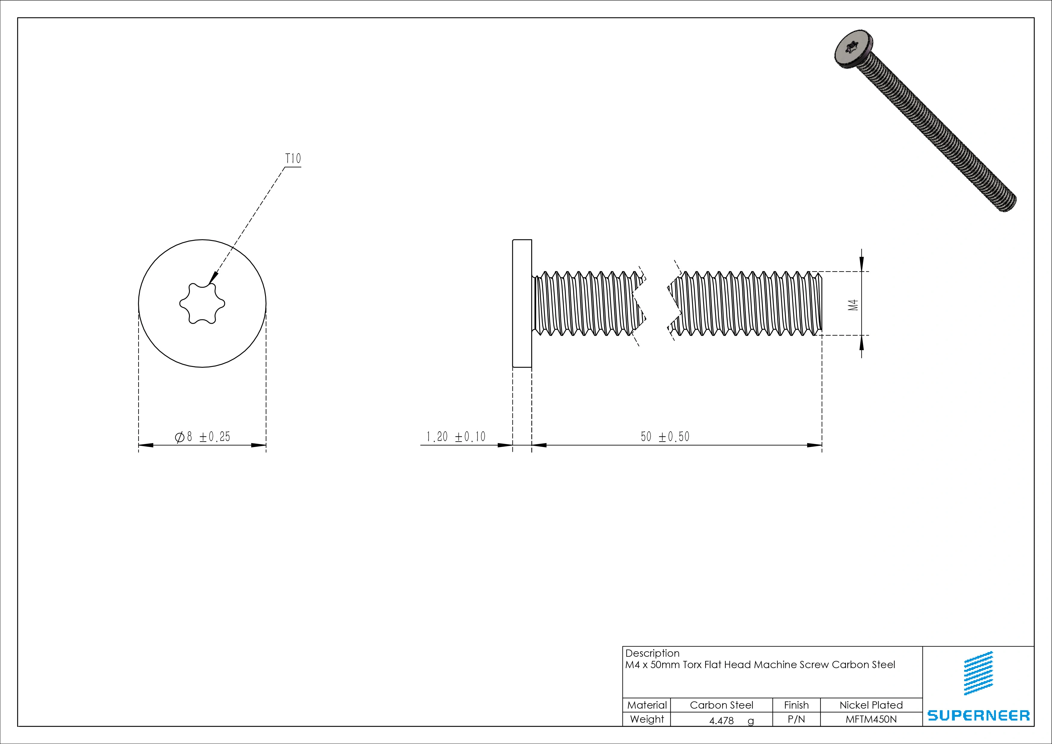 M4 x 50mm Torx Flat Head Machine Screw Carbon Steel Nickel Plated