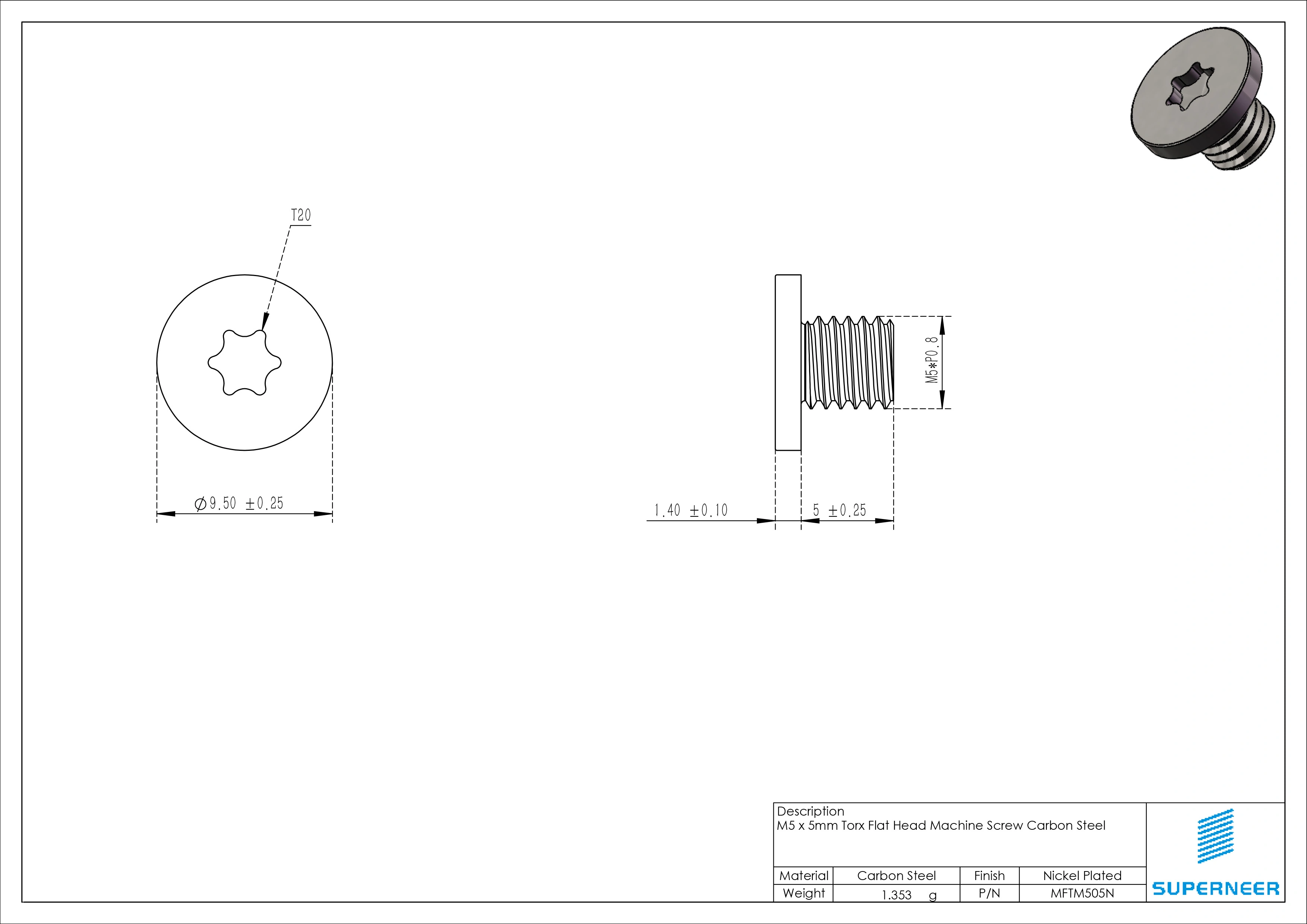 M5 x 5mm Torx Flat Head Machine Screw Carbon Steel Nickel Plated