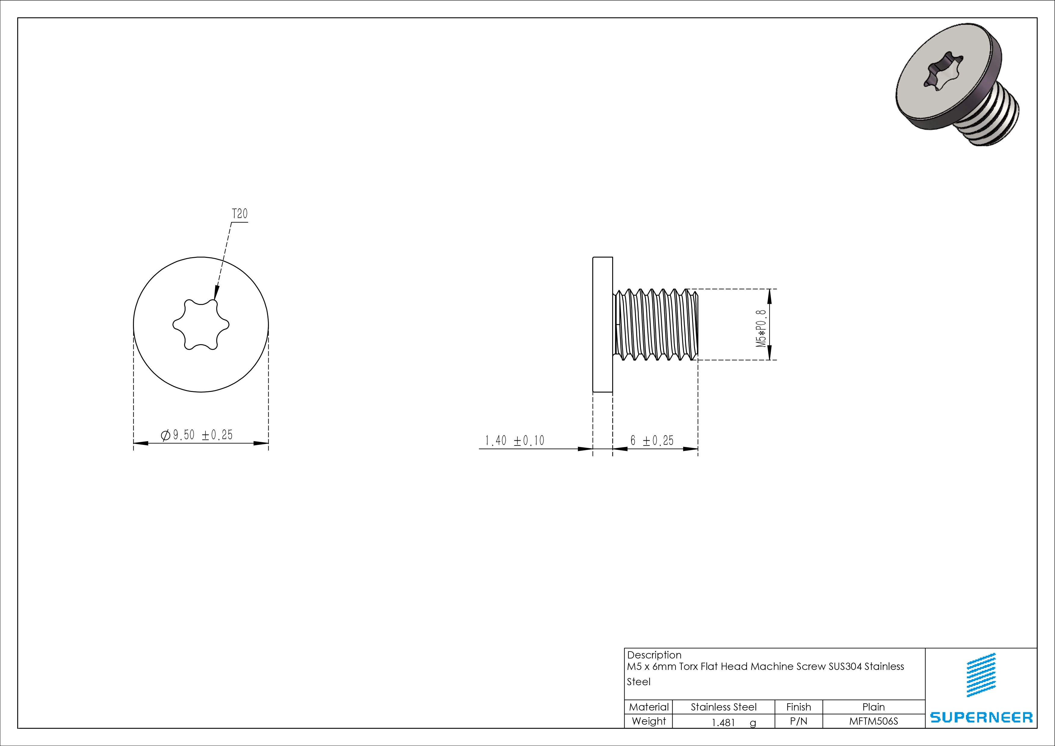 M5 x 6mm Torx Flat Head Machine Screw SUS304 Stainless Steel Inox 