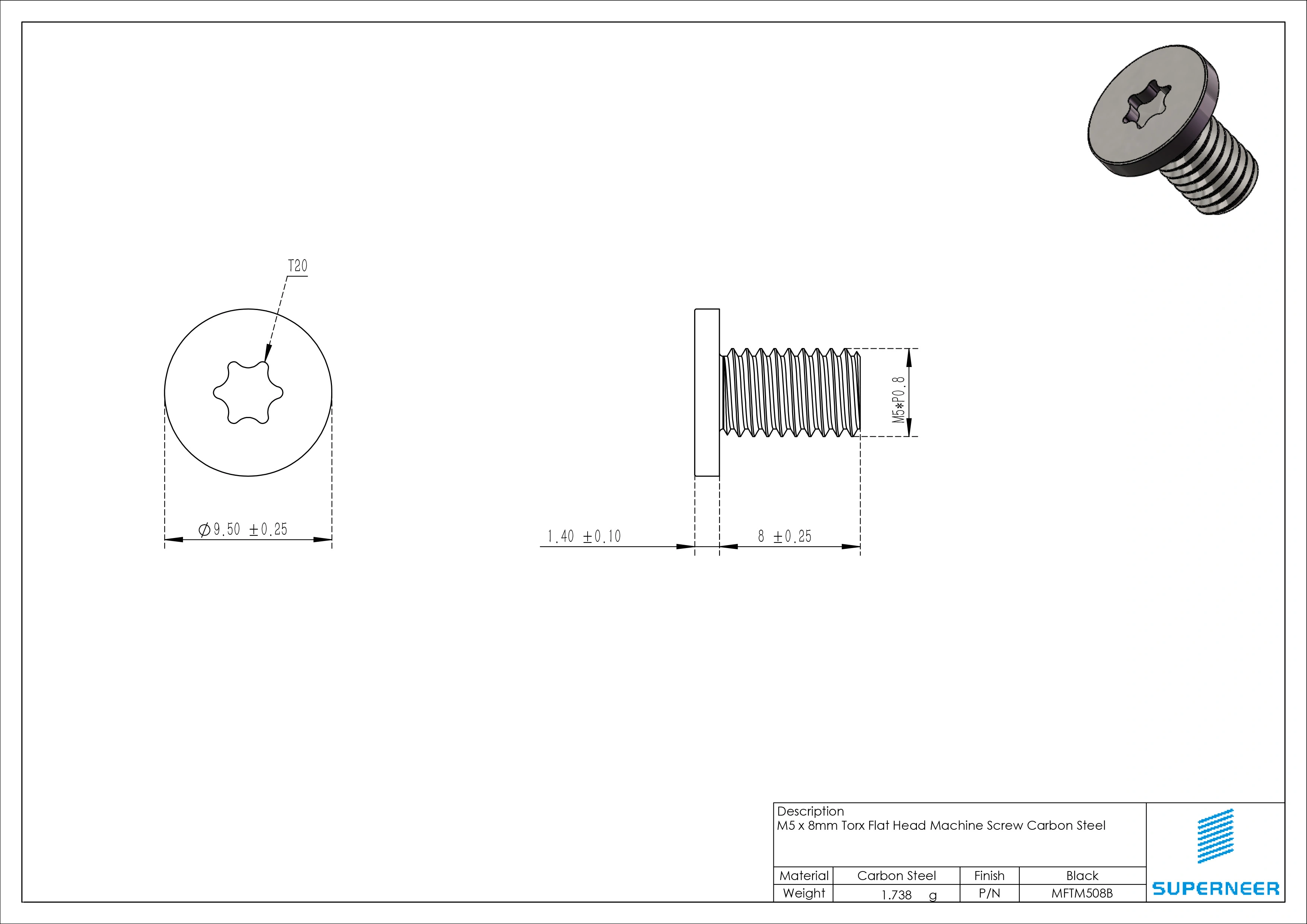 M5 x 8mm Torx Flat Head Machine Screw Carbon Steel Black