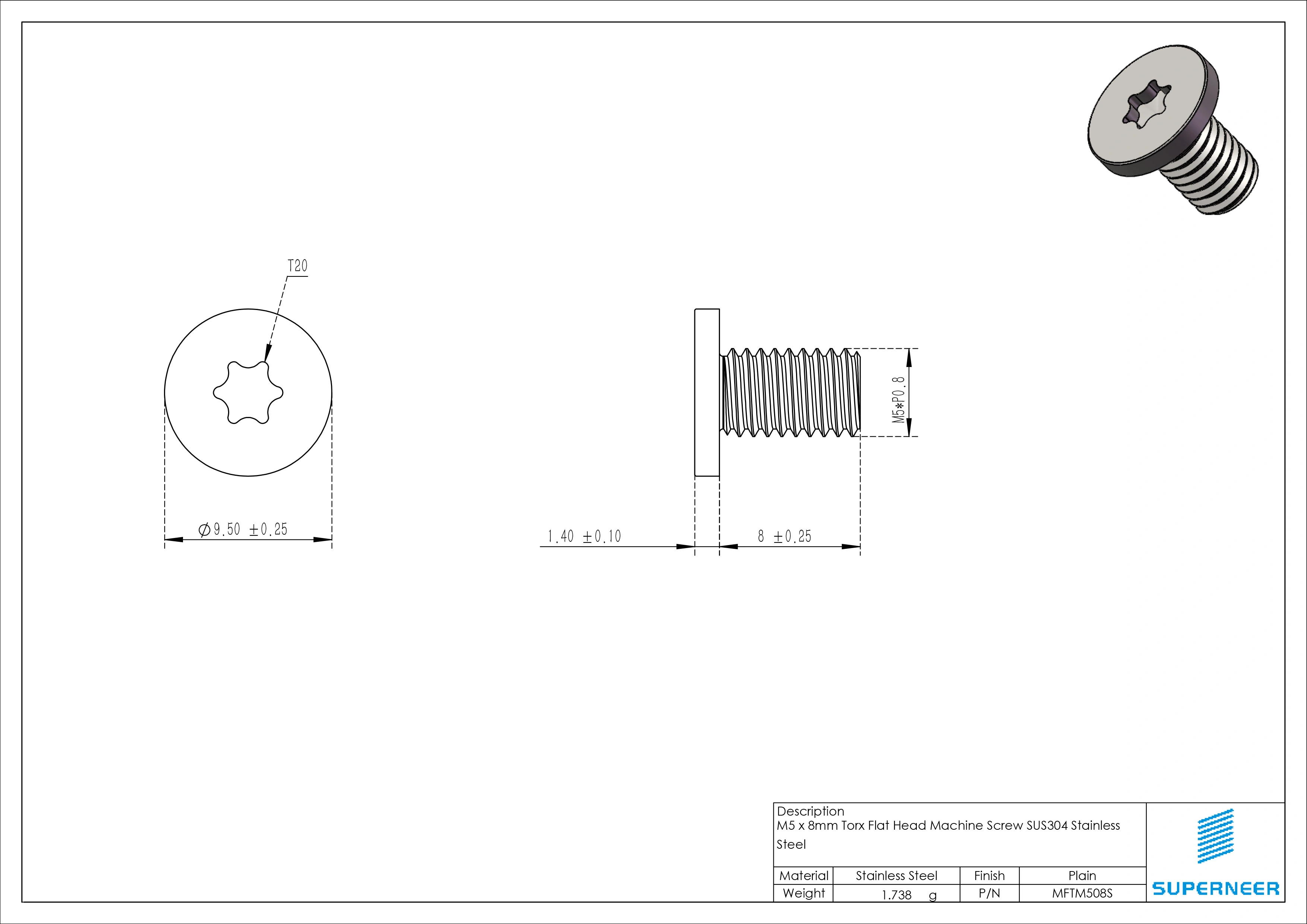 M5 x 8mm Torx Flat Head Machine Screw SUS304 Stainless Steel Inox 