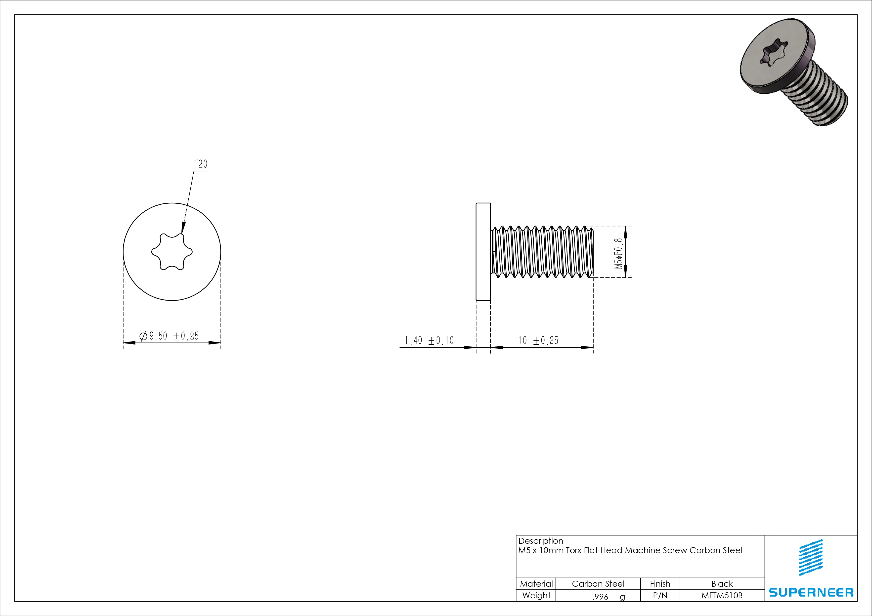 M5 x 10mm Torx Flat Head Machine Screw Carbon Steel Black