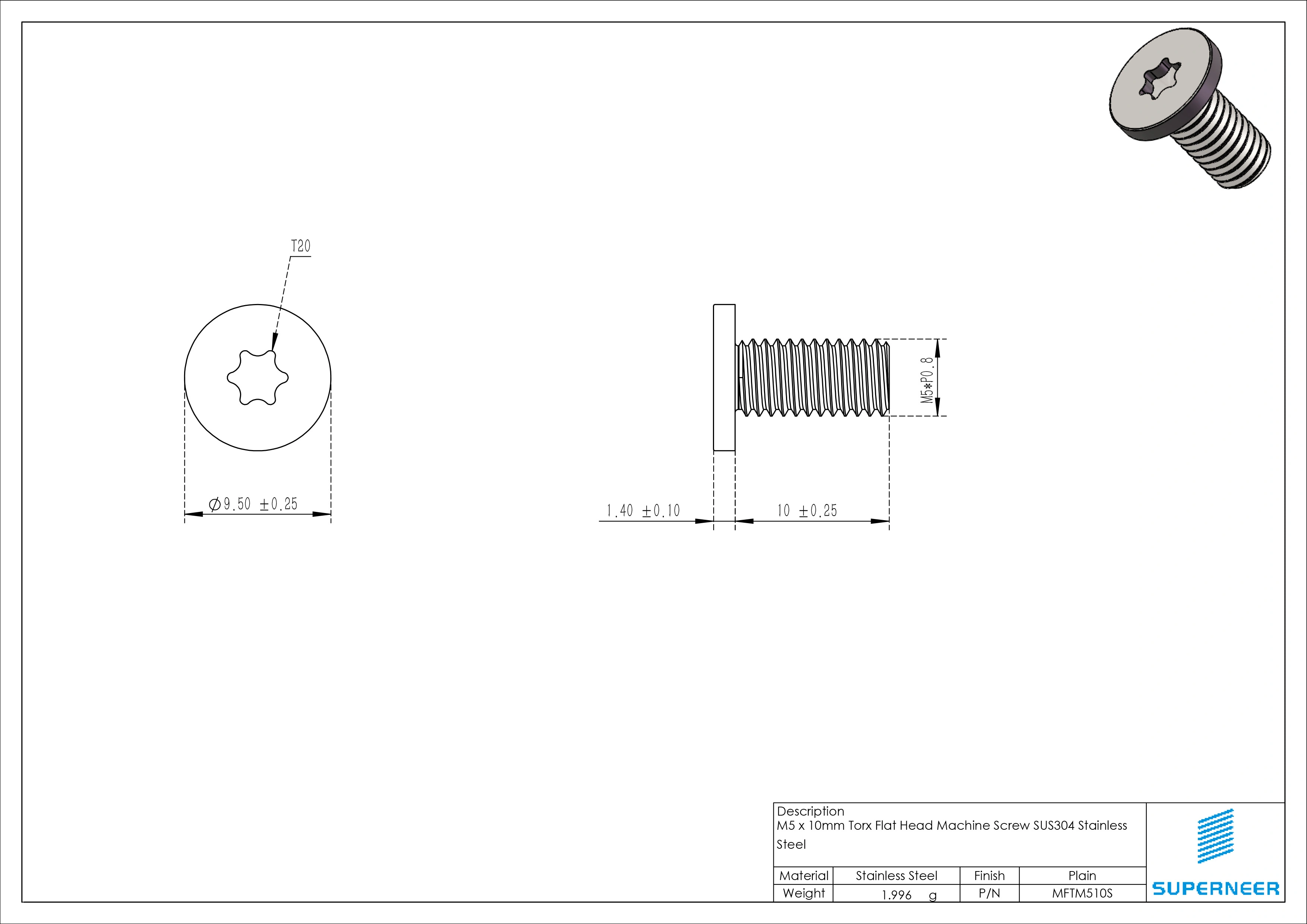 M5 x 10mm Torx Flat Head Machine Screw SUS304 Stainless Steel Inox 