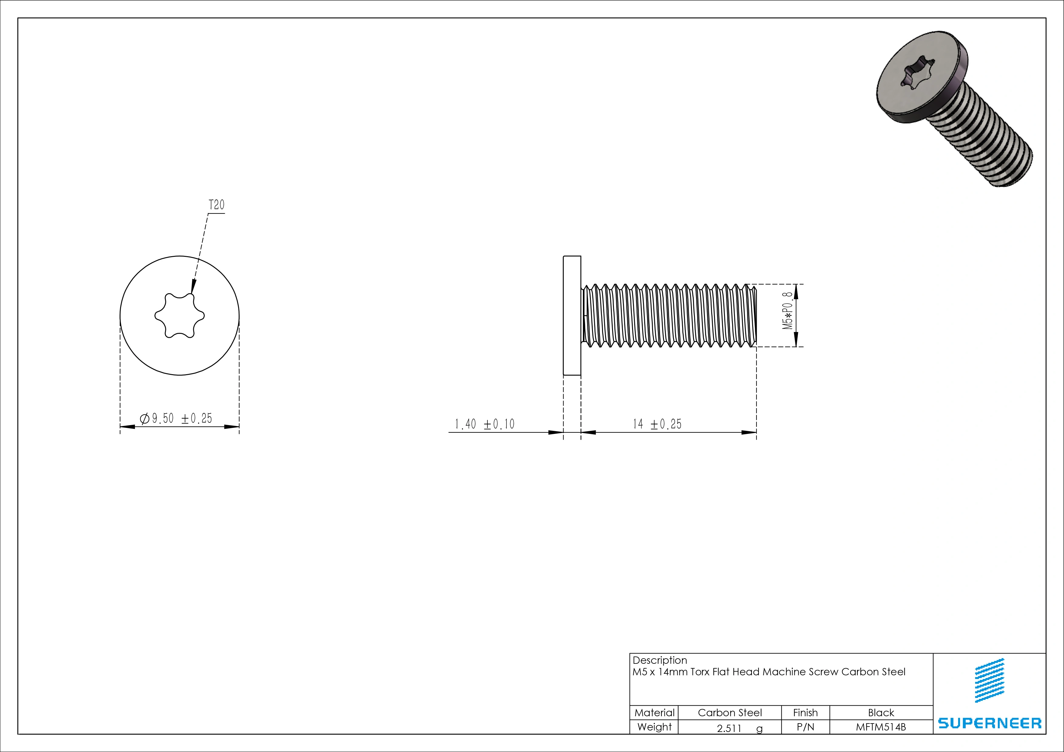 M5 x 14mm Torx Flat Head Machine Screw Carbon Steel Black