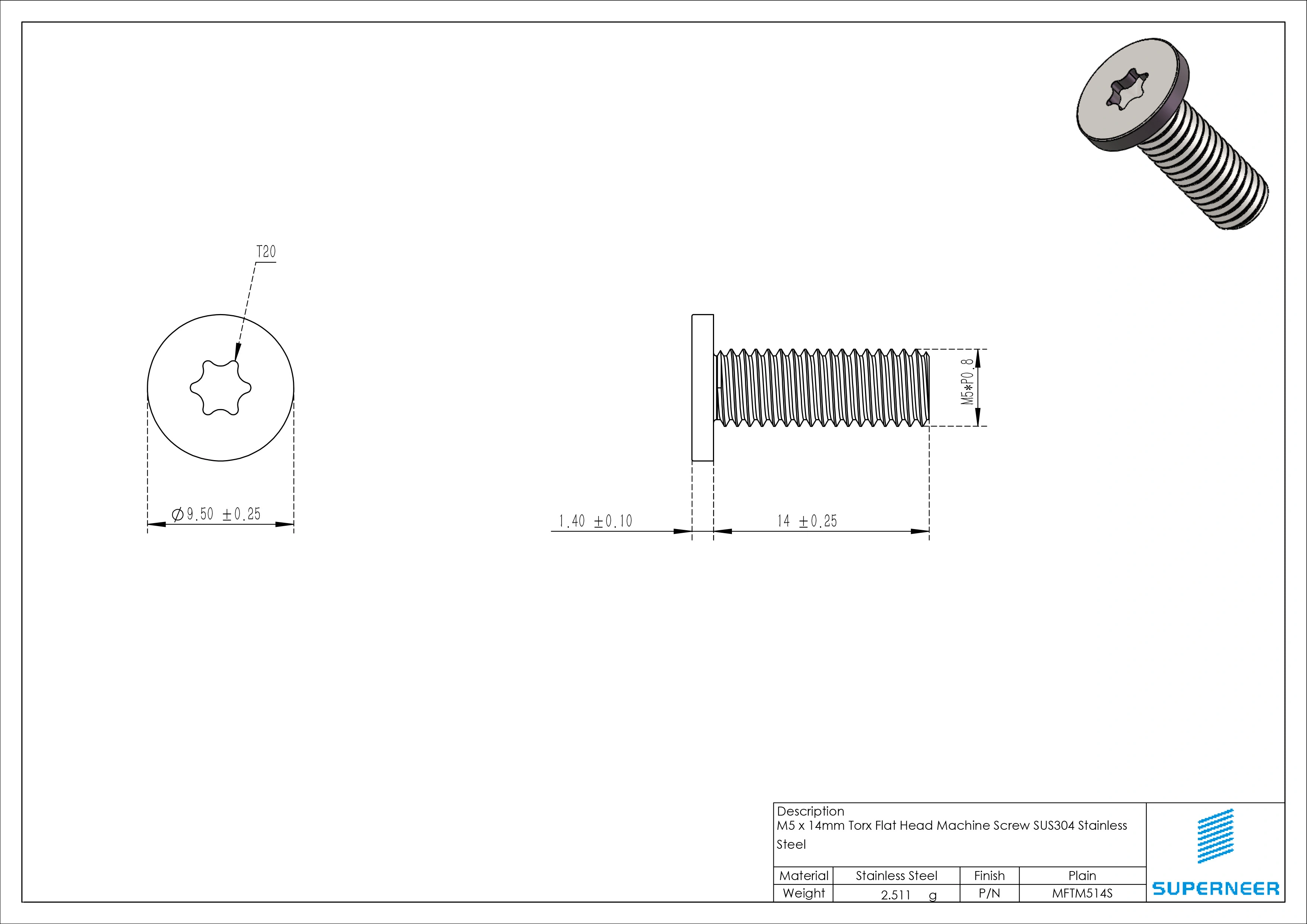 M5 x 14mm Torx Flat Head Machine Screw SUS304 Stainless Steel Inox 